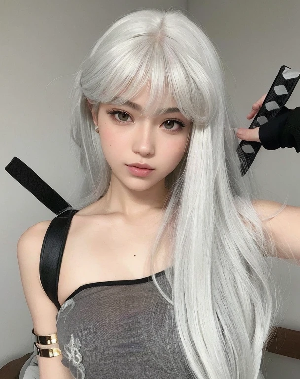 um close up de uma pessoa com uma faca e um vestido, branco hime corte penteado, longos cabelos brancos e franja, com cabelos longos brancos, com longos cabelos brancos, girl cabelos prateados, cabelos brancos prateados, cabelos prateados girl, cabelos prateados (rabo-de-cavalo), long straight cabelos prateados, anime , menina anime , Inspirado em anime, cor do cabelo branco, cabelos brancos intensos