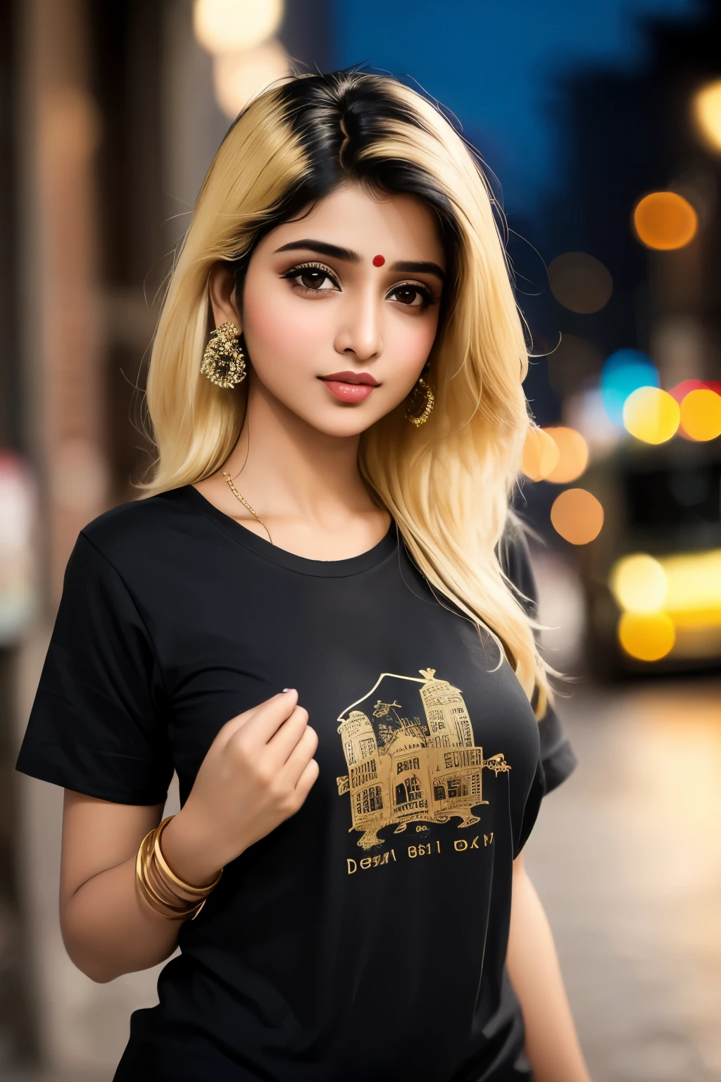 (((desi girl))),sexy face, natural skin, wearing black t-shirt, charming black hair, ((hair ends are blonde)), city streets background, bokeh
((best quality)), ((masterpiece)), (detailed), perfect face