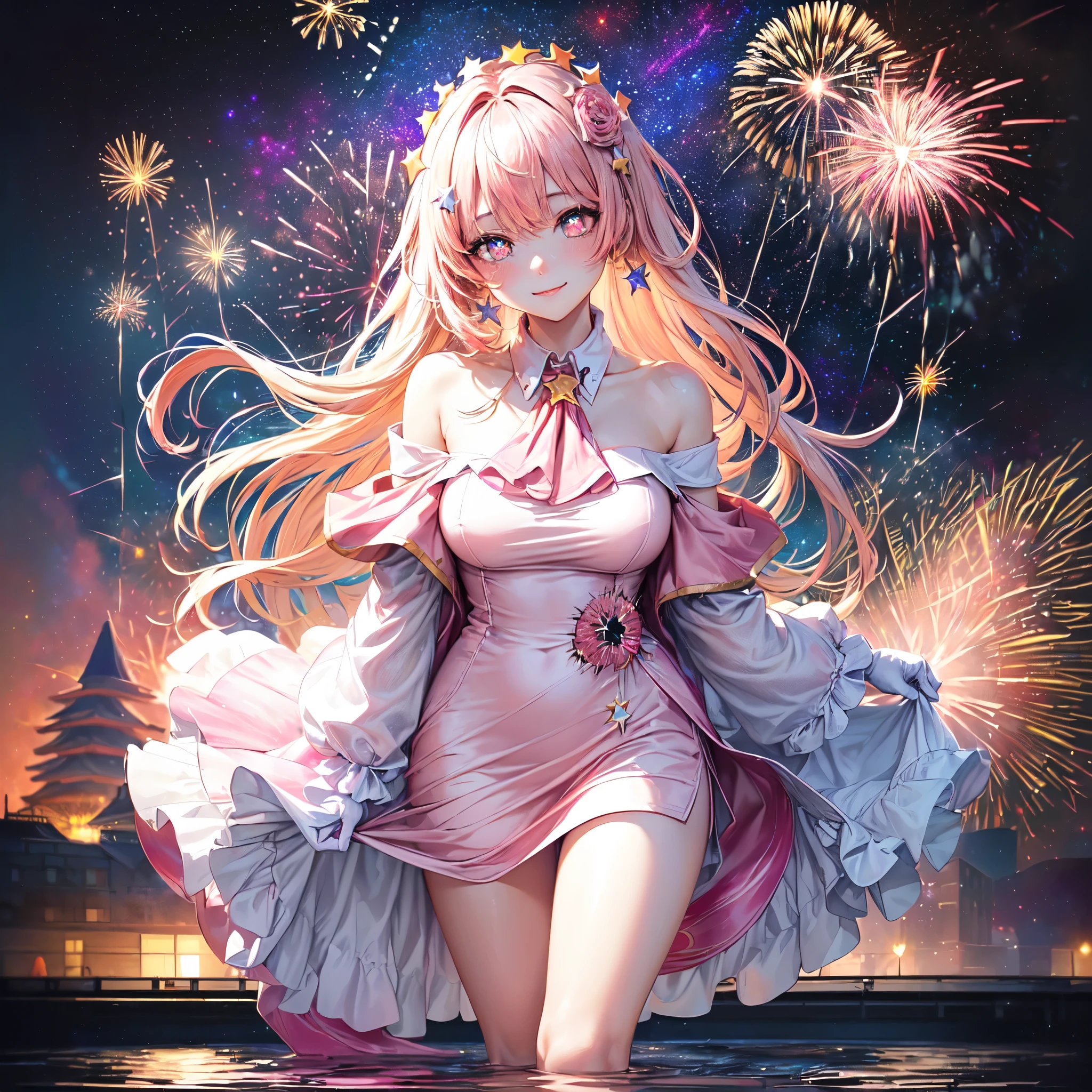 official art, masterpiece, sharp focueautiful gorgeous cute Korean woman:1.3), (beautiful cute korean:1.3), (beautiful amd aesthetic:1.3), korean beauty, Delicate and beautiful hair and eyes and face, realistic, ultra detailed, beautiful girl, blue sky, glow white particle, (sidelighting:1.2), sun light, white cloud, detailed clouds, slender, Lovely very large breasts and very large hips,showing pink slip, (((shy and aroused, pink Star-shaped pupils wink eyes)), (((Cuteness:1.5)), scenery, long straight hair, sexy facial expression, build (Blossomscape:1.7), dynamic hair, blonde long straight hair, detailed hair, streaked hair, glow pink wink eyes, sitting near the lake (white shoulder strap+fiery rose Ascot dress+white off shoulder blouse), (white long socks:1), pale skin, epic scenery, hair ornament, Princess white gloves, sexy look, ((bloodmoon:1)), ((Fireworks in Pink Galaxy:1.3)), Black High heels sole decoration,