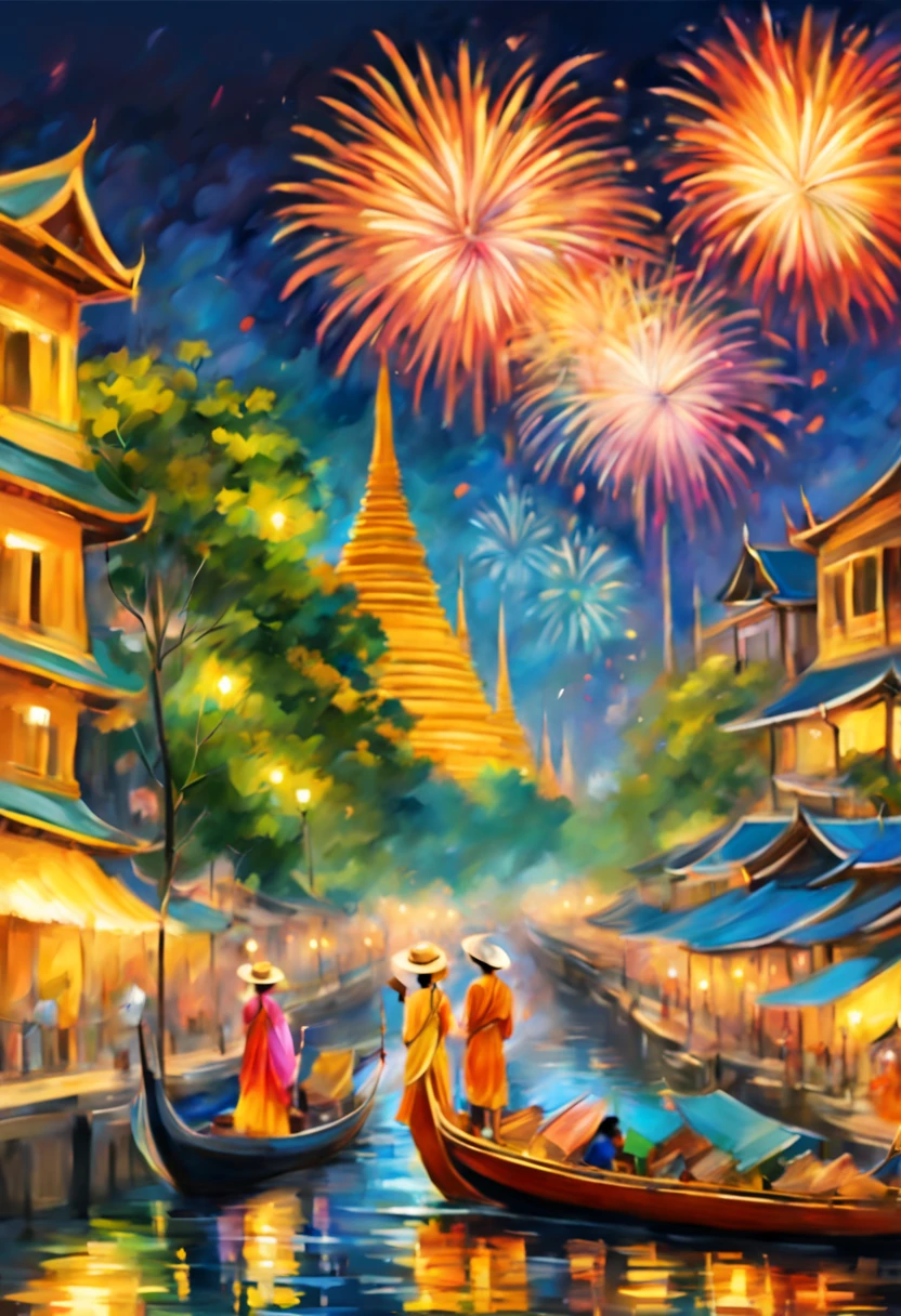 midnight fireworks over (Bangkok river), lively street celebrations, traditional garments, (vibrant colors:1.5, high detail:1.5), (impressionist art style:1.2).