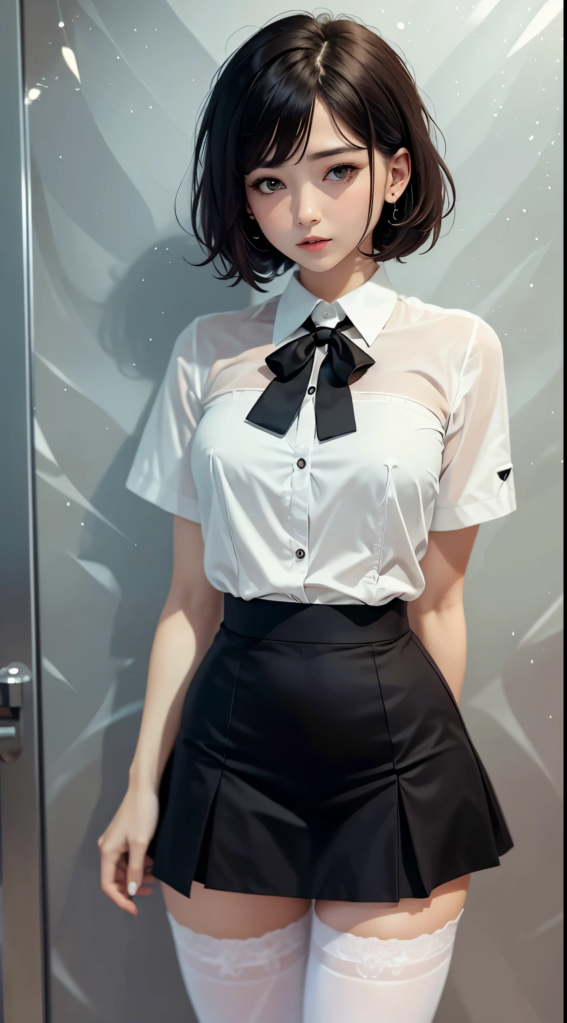 (Best quality at best, tmasterpiece)), a 1girl, The white shirt, black short skirt, with short black hair, long ears and stockings, The white --auto --s2