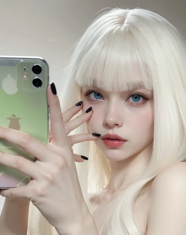mulher loira com longos cabelos brancos segurando um telefone celular, pale porcelana pele branca, porcelana pele branca, pale milky white porcelain skin, pale snow white skin, com cabelos longos brancos, longos cabelos brancos e franja, Ulzzang, pale fair skin!!, franja branca, ivory pale skin, perfeita de cabelos brancos, porcelain pale skin, branco hime corte penteado