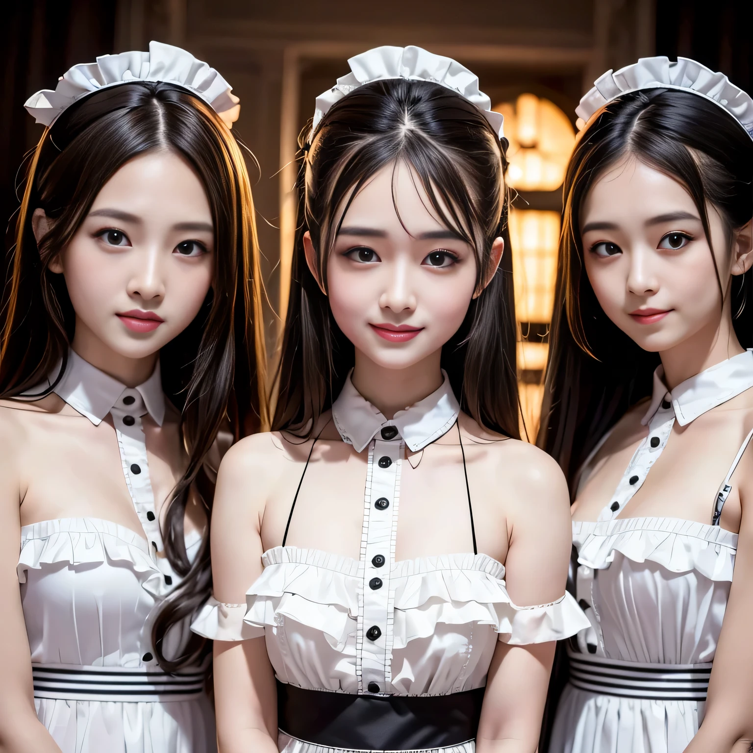 5 member girl band、pops band、Upper body view、The best smile、超A high resolution、An ultra-high picture quality、8K、Wonderful expression with attention to detail、All have long brown curly hair、Black maid clothes with frills、Performance scene at a live house
