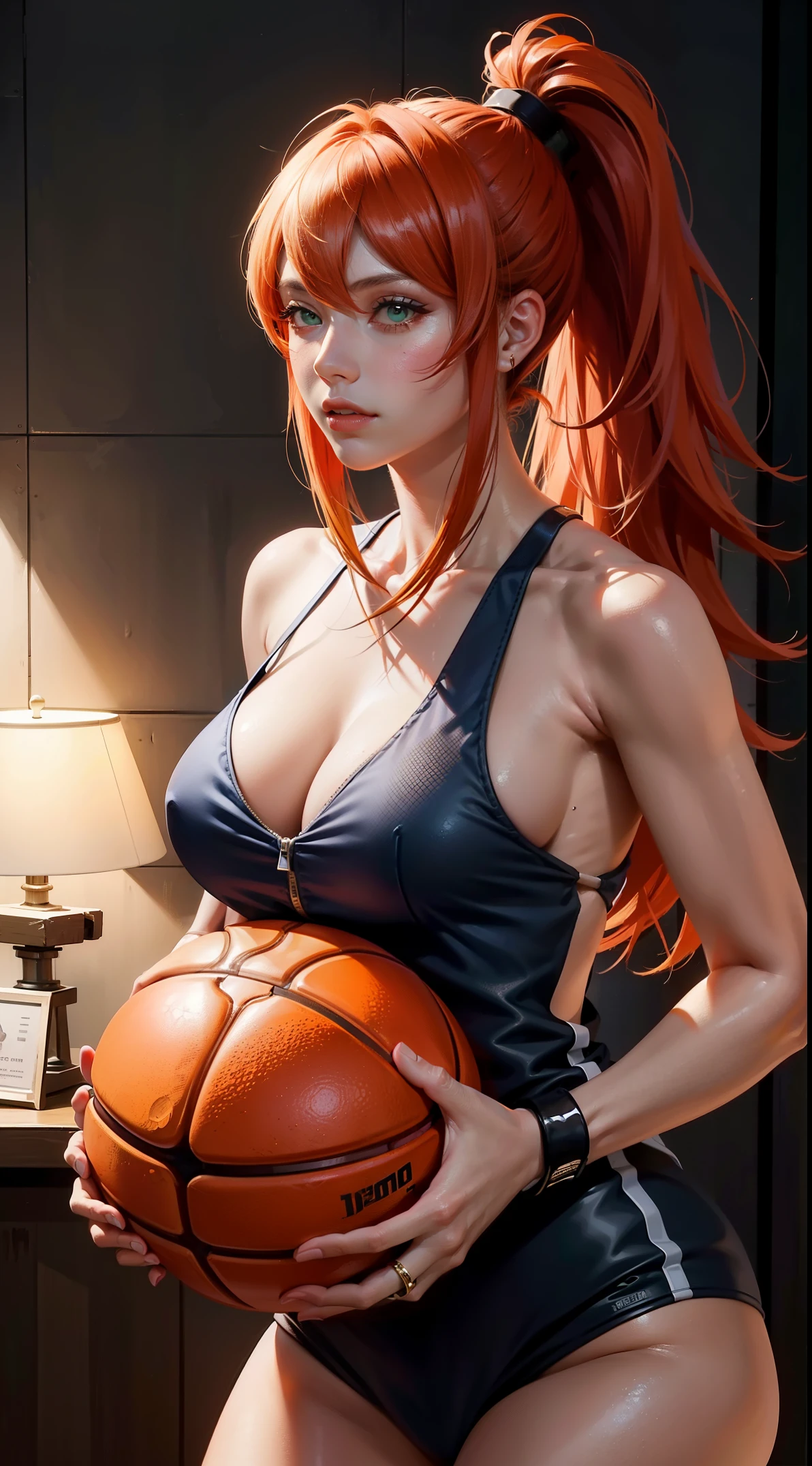 nar_terumi_mei, green eyes, hair over one eye, long hair, large breasts, cleavage, orange hiar, ponytail, beautiful, beautiful woman, perfect body, perfect breasts, wearing a basketball jersey, on the basketball court, holding a basketball, ring basketball, looking at the audience, slightly smiling, realism, masterpiece, textured leather, super detailed, high detail, high quality, best quality, 1080p, 16k