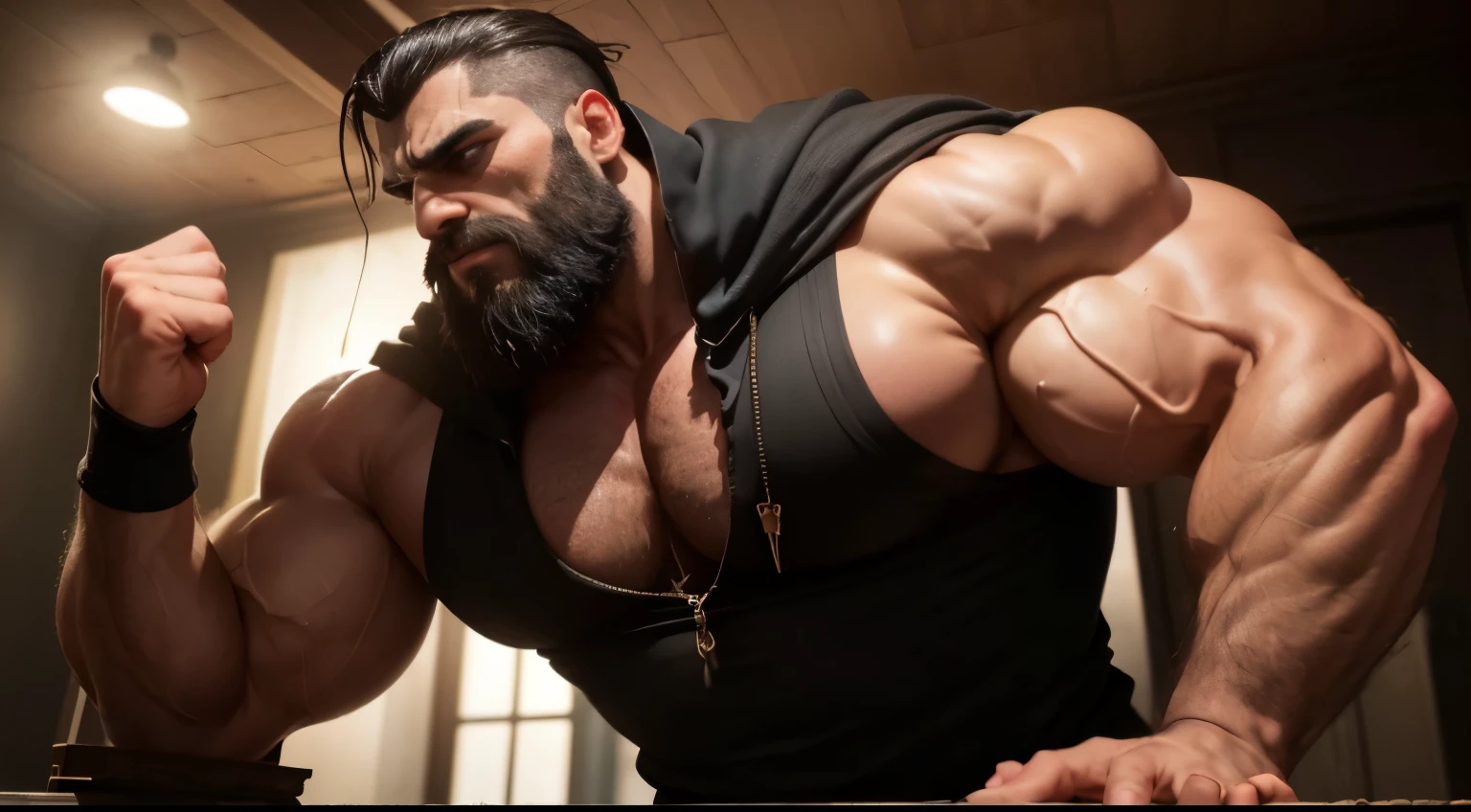 Giant black man, absurdly huge bulge, giant growing more and more, giantic, colossal, muscle domination, macrophilia, briefs, stubble, broad shoulders, thick lips, vascular, ((very dark skin)), (black skin), very sweaty, huge belly, thick thighs, very thick arms, large , smirk, tattoo, thug, blushing, veiny hands, photorealistic, anger, dreadlocks, short beard, looking at viewer, from below, steaming body, sweaty body , steam, on all fours on city, angry, angry expression, evil smile, crush buildings, Destroy city, smash everything, colossal,giant bearded muscle man,imposing,macrophilia,looking down at me with an angry evil face,thick bushy beard,intense gaze,mountainous biceps,hulking frame,rippling muscles,dominant presence,enormous hands and fingers,sculpted jawline,sharp cheekbones,powerful physique,strength radiating from his every pore,dark menacing aura,overwhelming dominance,darkened eyes glaring with fury,wrinkles etched on his forehead,thunderous voice that reverberates through the room,black cloak billowing around him,shadowy figure shrouded in mystery,dark colors accentuating his intimidating presence,ominous background lighting,aura of authority and power,menacing atmosphere,decorative embellishments on the armrests and backrest,large intimidating stature,tense muscles coiled with power,noble and fierce expression,clenched fists exuding strength and determination,aura of arrogant superiority,cold and ruthlessness emanating from his every gesture,detailed veins bulging with strength,eyes filled with fury and malice,dark energy pulsating around him,thunderous footsteps that shake the ground,majestic and brooding,subtle hints of a dark past in his demeanor,enthralling and terrifying to behold.