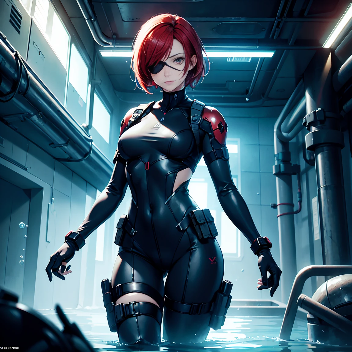 masterpiece, best quality, masterpiece, best quality, finely detail, beautiful detailed eyes, ultra detailed, extremely beautiful CG, super detailed skin, best quality, intricate, {{high quality}}, extra colors, 2D, megapixel, perfectionism, accent lighting, full HD, 4K, villain, dark heroine, 1girl, full body, 1girl, solo female, mature female, full body, contrapposto, resident evil laboratory, metal gear solid v, metroid underwater level, collarbone, red hair, red eyes, short hair, beautiful detailed eyes, weird red hair, short red hair, evil, medium_breasts, best quality, beautifully detailed face, ray tracing, DOF,HDR, thighhighs, fingerless_gloves, skintight clothe, fully clothed, gloves, (eye patch on left eyes:1,2 ), sneaking_suit, tactical gear, tactical uniform, camouflage bodysuit, skintight bodysuit, sneaking_suit, tactical gear, full clothed, indoors, horror movie ambience, character scale for the background, underwater ambience background, science fiction background, indoor, underwater base background, glowing, underwater base, deep water, official art, water infiltration, deep water through window, Pipeline under water, science fiction laboratory, underwater science fiction laboratory background, low water level on ground, corridor, submarine interior,