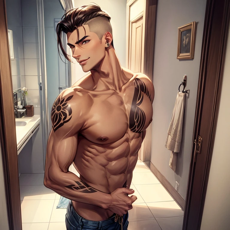 One man entering a room smiling.
Style: Male Generic Body
Skin Colour: Neutral 3
Brow Style: Straight Medium
Brow Colour: Dark Brown
Hair Style: Slicked Back Side Shaved Tousled
Hair Colour: Cool Dark Brown
Eyes Style: Deepset Downturned Lidded
Eyes Colour: Hazel
Face: Chiseled Square Stubble Shaved
Nose: Straight Pointed
Lips Style: Medium Heart
Lips Colour: Beige Gold Matte
Extra: Birds tattoo on Collar bone