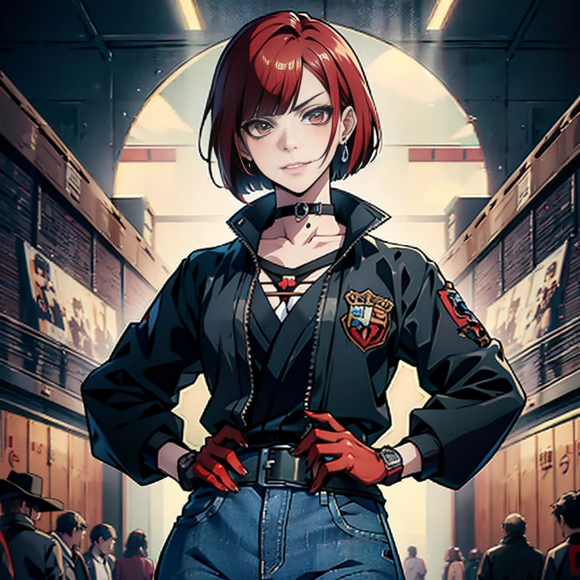 in the art style of persona5 and in the art style of street of rage 4, delinquent, (sukeban), mature_female, blush, mature, older woman, 25 years old, Sukeban teacher outfit, (1girl, solo female, solo, solo focus)++++, choker, sukeban teacher, sukeban fighter, long_sleeves, open jacket, blue jacket,( jean)+++, light skin tone female, (full body)+++++, jacket, biker jacket, tape, arm_support, gloves, red_gloves, bridal gauntlets, nail polish, boots, black_footwear, fighter outfit, full body, hourglass, mature face, cheeky smile, cheeky face, wrinkles, (red hair, short hair, bob cut, earrings, ear piercings), red eyeighting art, Martial arts, standing, fighting_stance, fight, fighting), extra colors, 2D, megapixel, perfectionism, accent lighting, full HD , (Masterpiece:1.2), (full-body-shot:1),(cowboy shot:1.2), (Highly detailed:1.2),(anime Detailed Face:1.2), Colorful, A detailed eye, (Detailed landscape:1.2), (natural lighting:1.2), ((sukeban school teacher)) by Vincent Di Fate: Aidyllery, Anamorphic Shot, rule of thirds, face by Artgerm and WLOP,