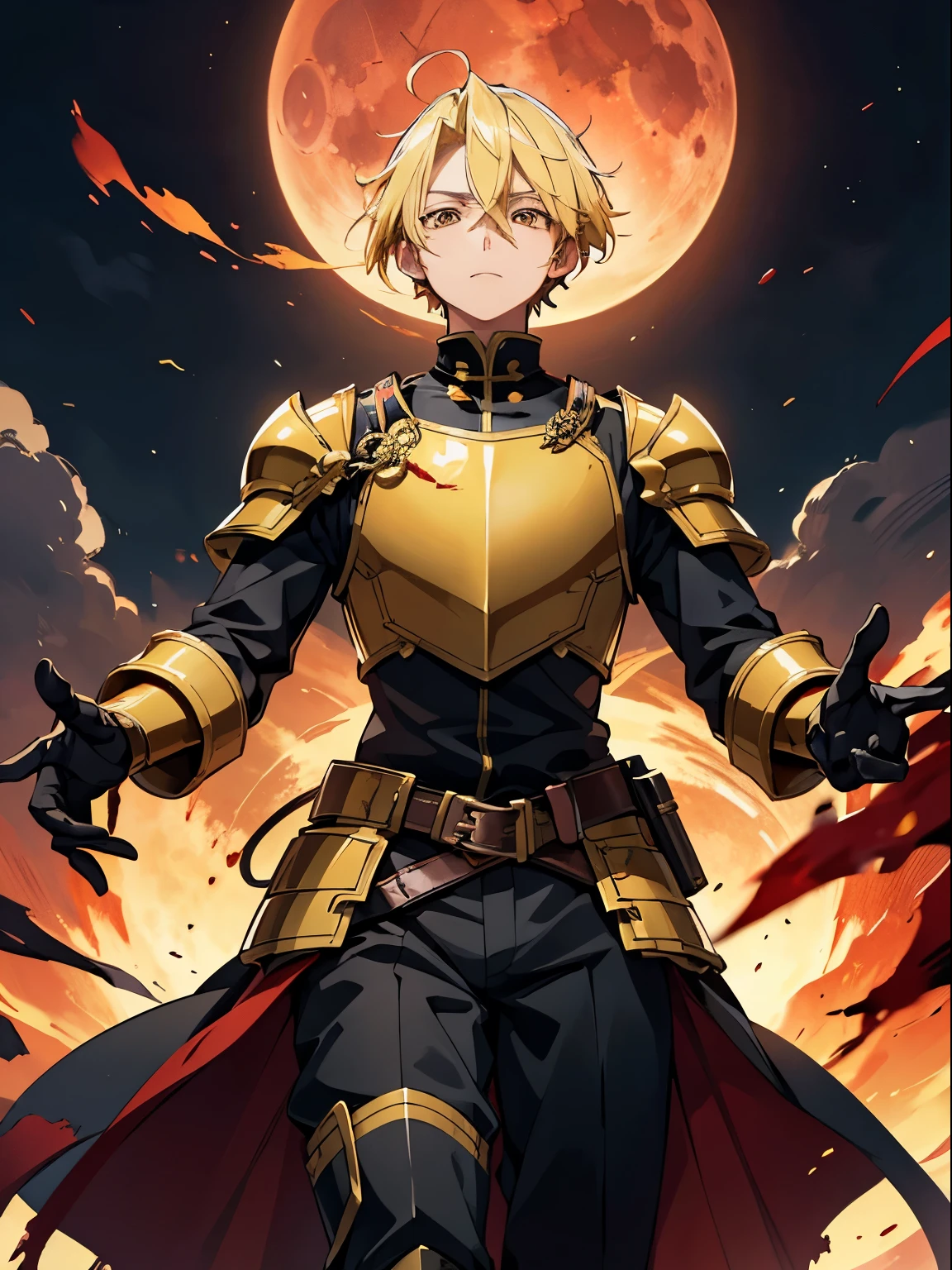 in the style of Japanese animation studio MAPPA, a general with yellow hair and golden eyes, accompanied by a blood moon and covered in black costume armor with golden details, in 4k fhd