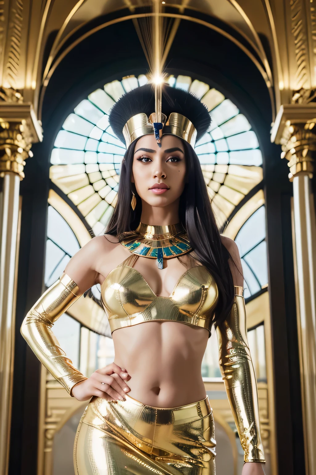 Nefertiti, egyptian queen, olhos verdes claros, olhos brilhantes, cabelo preto brilhante, cabelos longos, Descansando em uma almofada, vestido dourado, vestido brilhante, Egyptian palace, ornamentos dourados, olhar de orgulho, ponto de vista inferior, Flares da lente, Reflexos de raytracing, reflexos iridiscentes, brincos de diamante brilhantes, umbigo, saia saron dourada