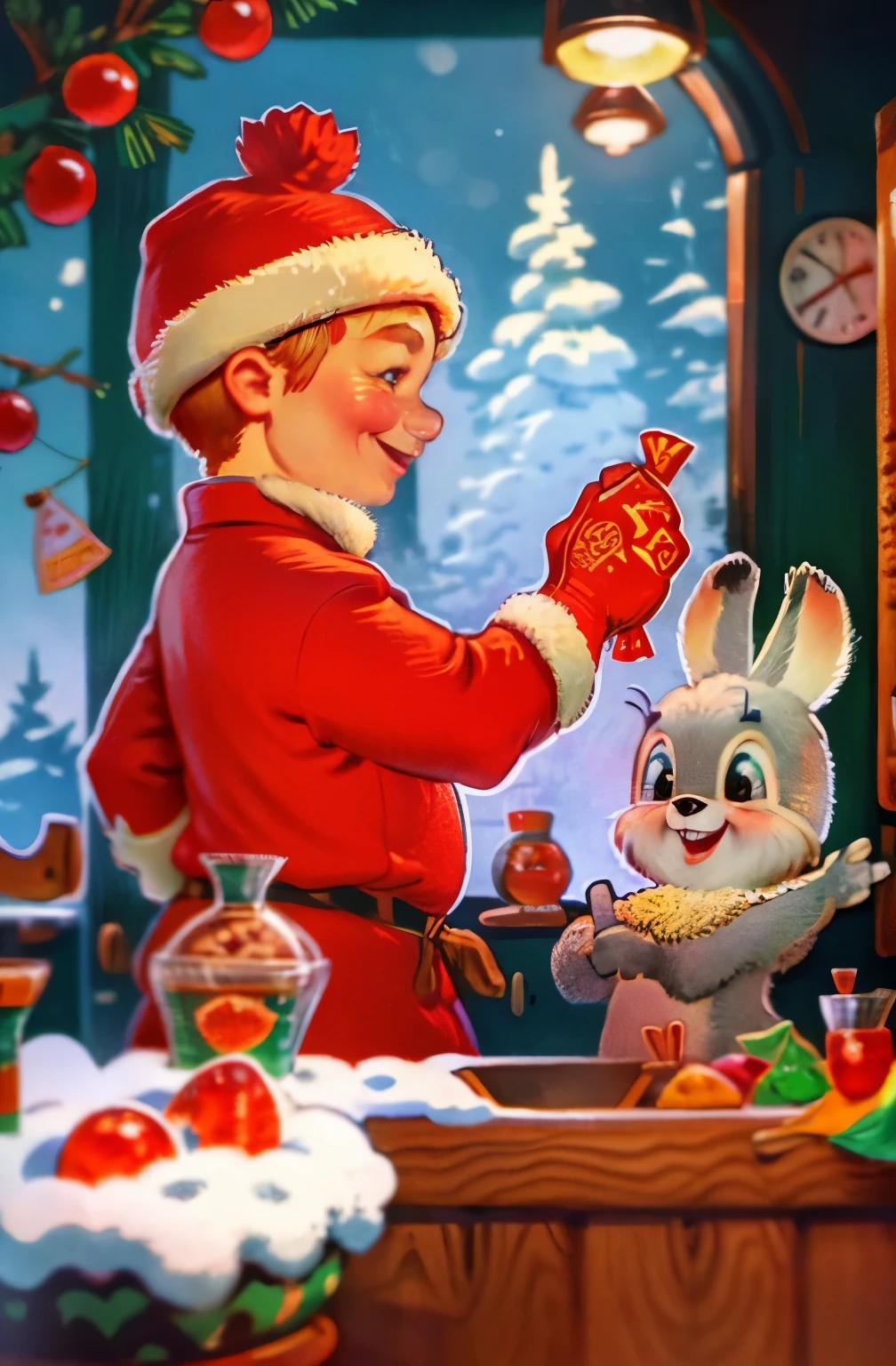 A young, cute, handsome dragon wearing a red Santa Claus hat stands behind a snowy counter. On the counter are ginger cookies, red candy horses. Above the counter there are spruce branches with cones and a poster "Happy New Year".