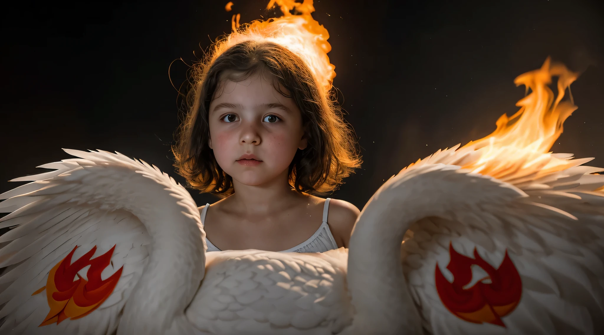 Menina loira de 10 anos, Russian child , fechar para cima, retrato, com longos cabelos loiros, em um CISNE NEGRO, The flames are burning in a circle shape, a, NUCLEAR QUIMICAL NUCLEAR