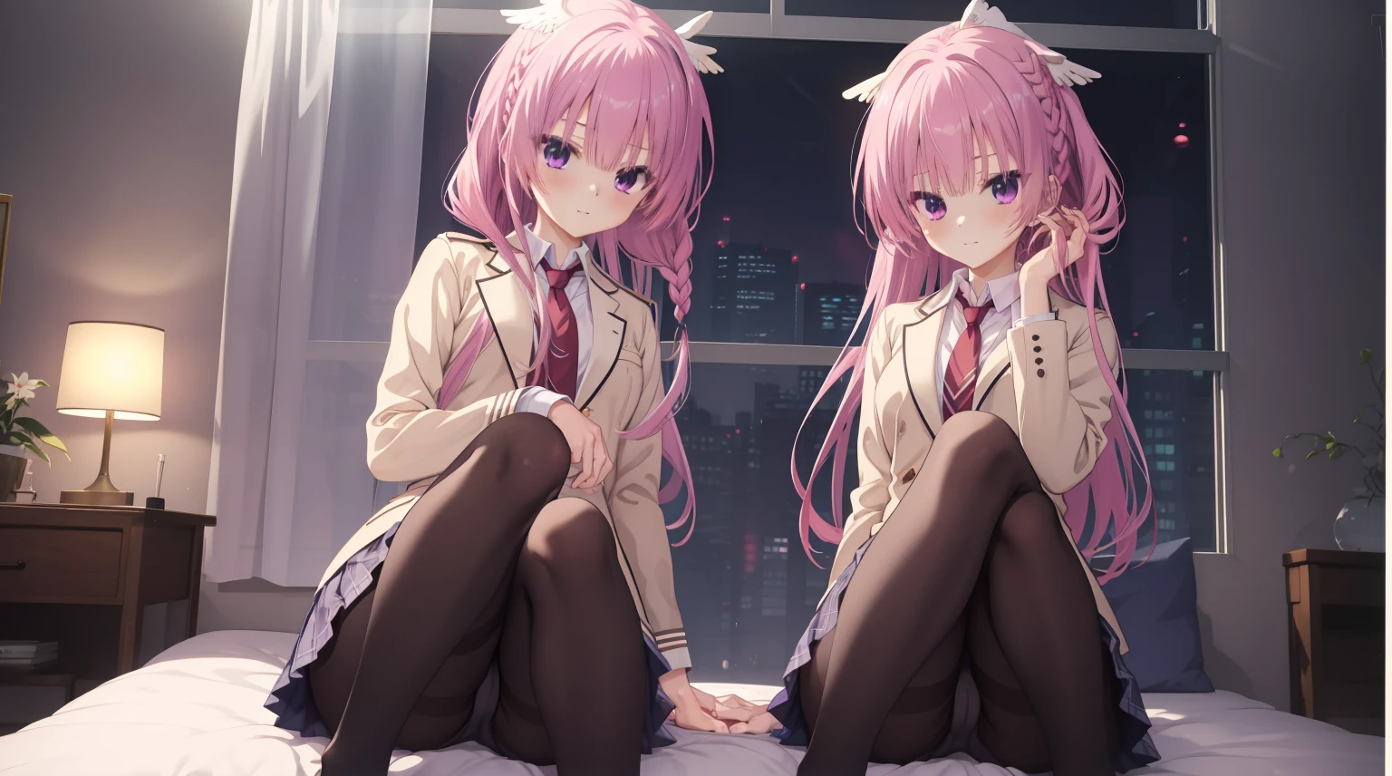 1girl, solo, A pink-haired,Medium-hair long,dishiveredhair,Black underwear,Purple-pink eyes,the night,Glass windows, In the bedroom,Digital punk, Anime style 4k, backdrop,black pantyhoses,mitsukasa ayase, kikka academy uniform, pantyhose, highres, absurdres,Beige top,red necktie、Character-centric