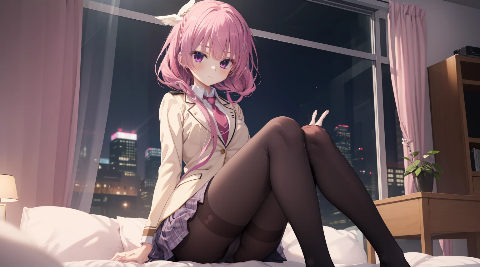 1girl, solo, A pink-haired，Medium-hair long，dishiveredhair，Black underwear，Purple-pink eyes,the night，Glass windows， In the bedroom，Digital punk, Anime style 4k,  backdrop，black pantyhoses，mitsukasa ayase, kikka academy uniform, pantyhose, highres, absurdres,Beige top，red necktie、Character-centric