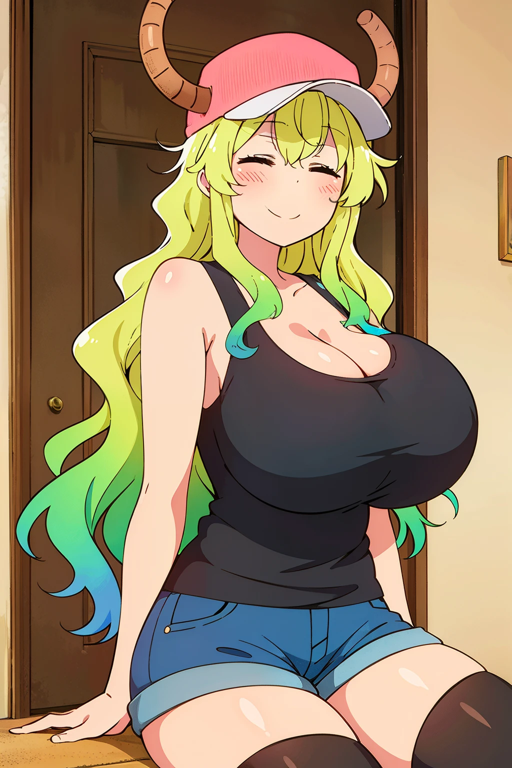 best quality, high resolution, from front, 1girl, smile, (huge breasts:1.2), lucoa, HORNS THROUGH HEADWEAR, closed eyes, HAT, SHORTS, LONG HAIR, MULTICOLORED HAIR, SMILE, BLACK THIGHHIGHS, TANK TOP, BASEBALL CAP, GREEN HAIR, BLONDE HAIR, DRAGON HORNS, DRAGON GIRL, GRADIENT HAIR, BLUSH, PINK HEADWEAR, LARGE BREASTS, DENIM SHORTS,, SHORT SHORTS, DOOR, INDOORS, DENIM, CLOSED MOUTH, CLEAVAGE, BLUE SHORTS, BLACK TANK TOP, WAVY HAIR, BLACK SHIRT, sitting