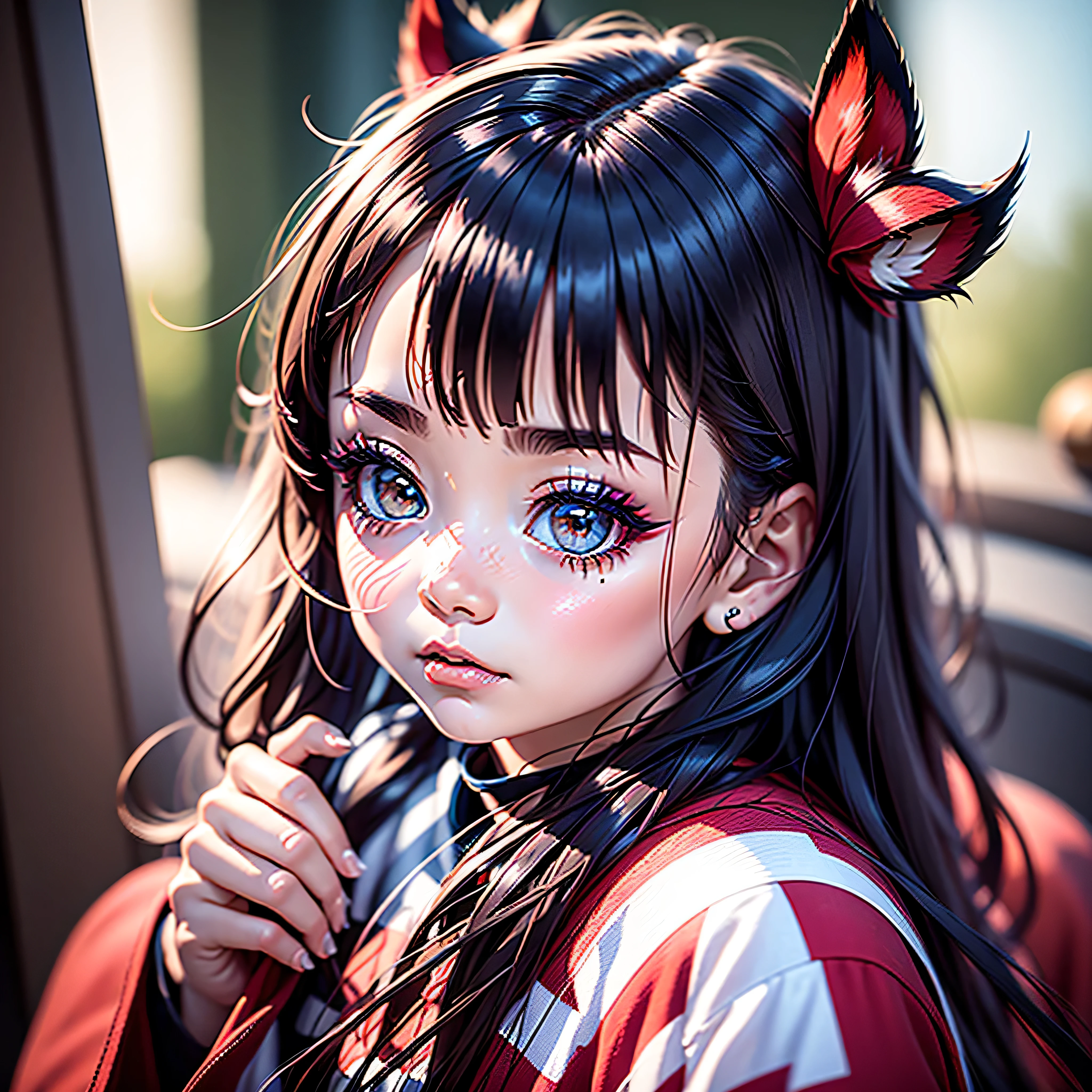 ((独奏)), portraite of a, a closeup of a, Wide angle, foto realista, 真实感, Ultra Quality 16K, gals, ((child face)), Beautiful baby face, Lush hairstyle, red strands of hair, Bright eye makeup, makeup: Arrows in front of our eyes, red-eyes