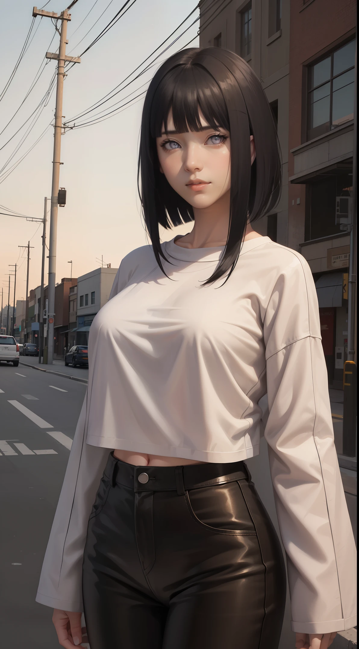 hinata\(boruto\), hinata from the anime naruto, light purple eyes, shoulder length hair, black hair, bangs, beautiful, beautiful woman, perfect body, perfect breasts, wearing a white t-shirt, black leather jacket, long black pants, cilak, jewelry, on the street, roadside, at night, evening, looking at the viewer, a slight smile, realism, masterpiece, textured leather, super detail, high detail, high quality, best quality, 1080p, 16k