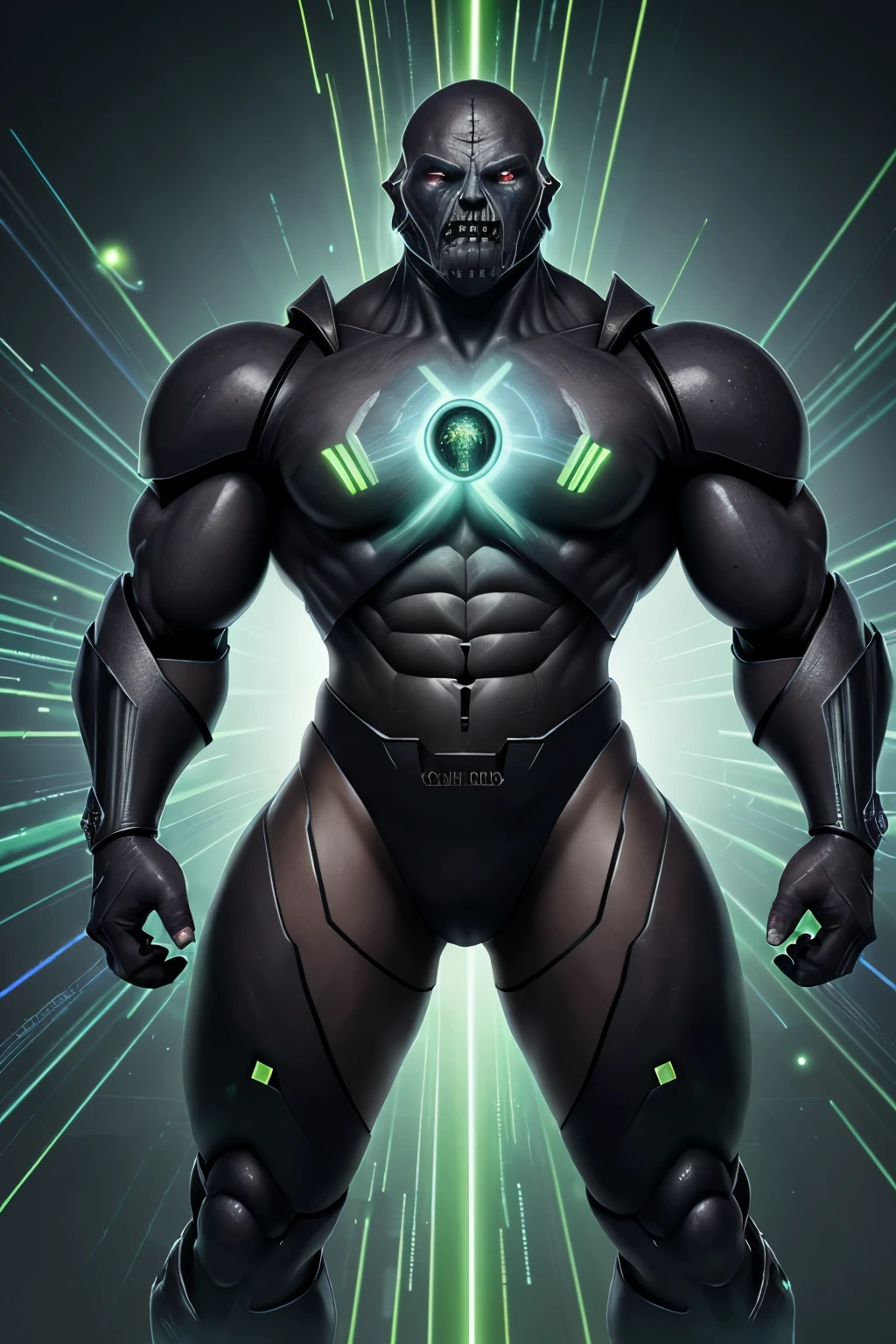 (male synth\(vader-san\):1.5), Anthro, solo, adult, (muscular male, muscle:1.7), (robot, machine, mechanical, cyborg, Android:1.5), (deepgreen metallic body:1.8), (black silicon skin:1.7) (Visor monitor deepgreen eyes:1.5), (ultra big pecs:1.5), (abs:1.5), (big :1.5), high tall, (nudaked:1glowing LED, (erect deepgripple:1.7), (Engaint:1.7), (broad tail, claw:1.5), standing, (expressive pose:1.5), looking here, (deepgreen energy power effect:1.5), (hyper detailed eyes:1.7), ((simple black room:1.9)), (8K, best quality, master piece, Hyper realistic, Digital art, Photorealistic, photograph, absurd res, hyper detailed, high resolution, upload to e621, \(artwork\):1.5), ((by null-ghost, by taran fiddler, by anhes, by nekogaki:1.5), (3d, Unreal Engine 5:1.7), ((zoom in head to thigh:1.7)), (body front, turn this way:1.2), (three quarter portrait:1.7)