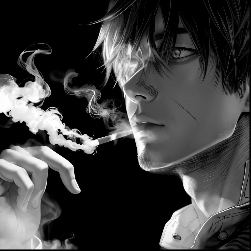 anime, a man smoking a cigarette in a dark room, black and white manga style, he is smoking a cigarette, gendo ikari smoking a joint, by Eizan Kikukawa, dramatic smoking pose, kaneki ken, manga style of kentaro miura, thick smoke around him, by Kentaro Miura, kentaro miura manga art style