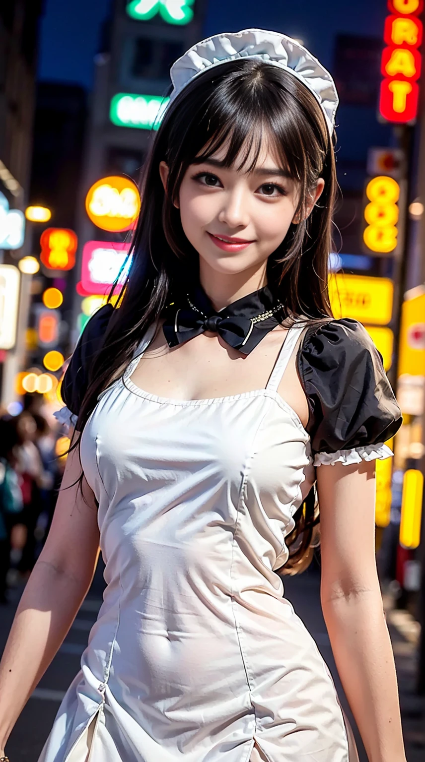 8K, Master piece, Raw photo, Best quality, Photorealistic, Highly detailed CG Unity 8K wallpaper, Depth of field, Cinematic light, Lens flare, Ray trace, (Extremely beautiful face, Beautiful lips) , Beautiful eyes), Intricate detail face, ((Super detailed skin)) 1 girl,, Deep shadow, Cute idol, 1 girl, (Very slim and slender fit muscular body: 1.3), ( (Looking at Viewer)), (Big Smile: 1.3), (Fashion City Night, Dark Night, (Neon Sign), (Blurred Background), Lolita Fashion (Maid Outfit)