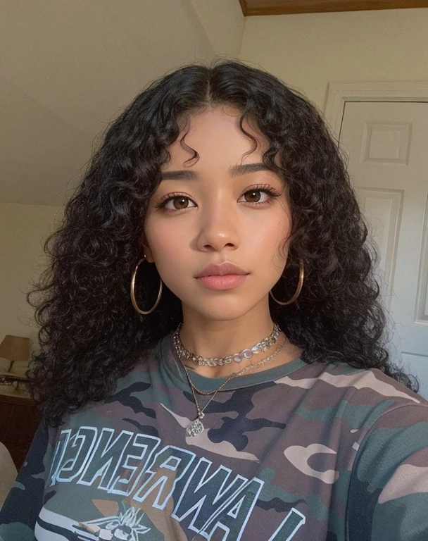 tem uma mulher com um colar e uma camisa camuflada, encaracolado middle part haircut, black encaracolado hair, encaracolado haired, encaracolado black hair, encaracolado bangs, long wild black encaracolado hair, encaracolado, encaracolado hair, pele clara, with long encaracolado hair, long black encaracolado hair, encaracolado afro, black long encaracolado hair, Young lady, foto do perfil, with long encaracolado