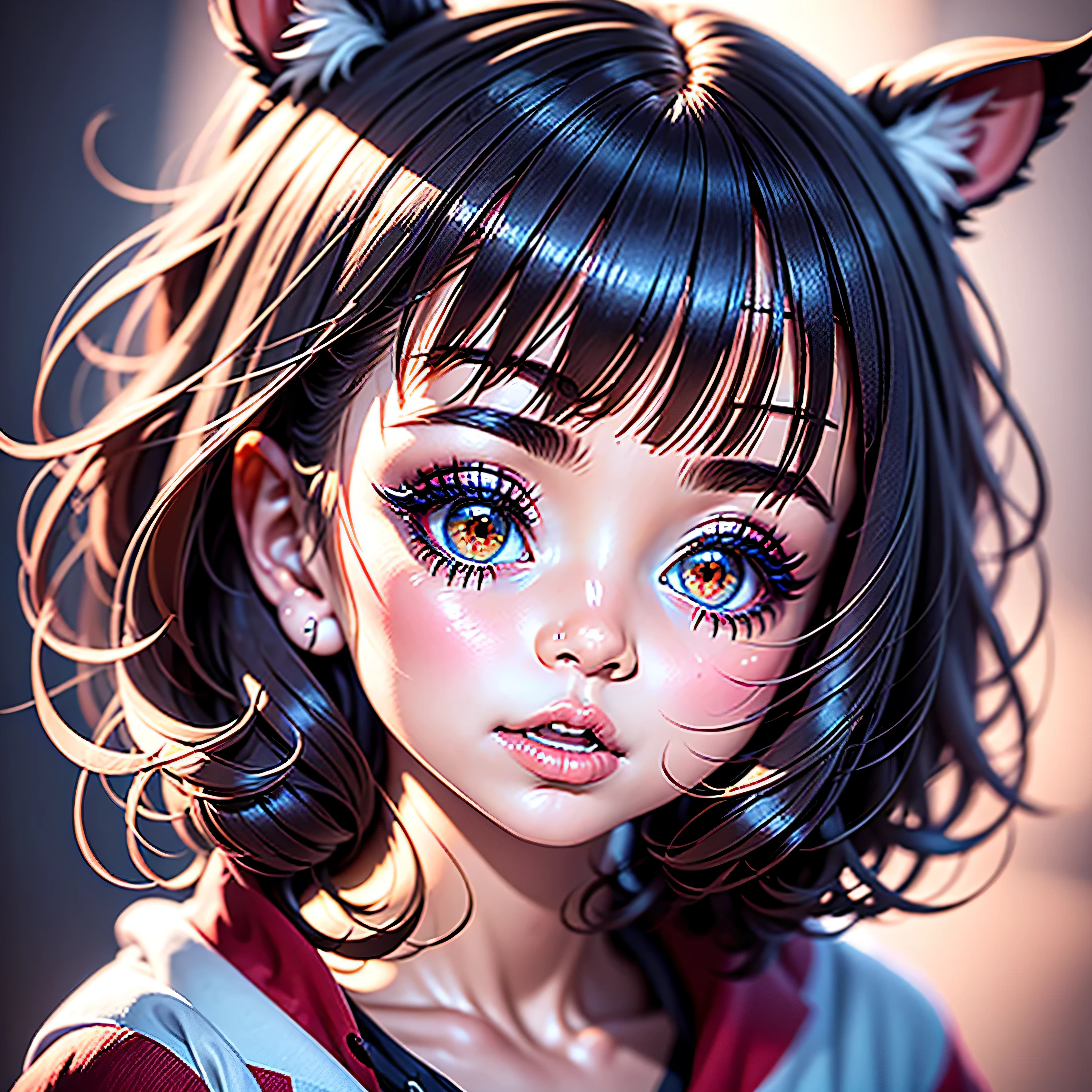 ((独奏)), portraite of a, a closeup of a, Wide angle, foto realista, 真实感, Ultra Quality 16K, gals, ((child face)), Beautiful baby face, Lush hairstyle, red strands of hair, Bright eye makeup, makeup: Arrows in front of our eyes, red-eyes