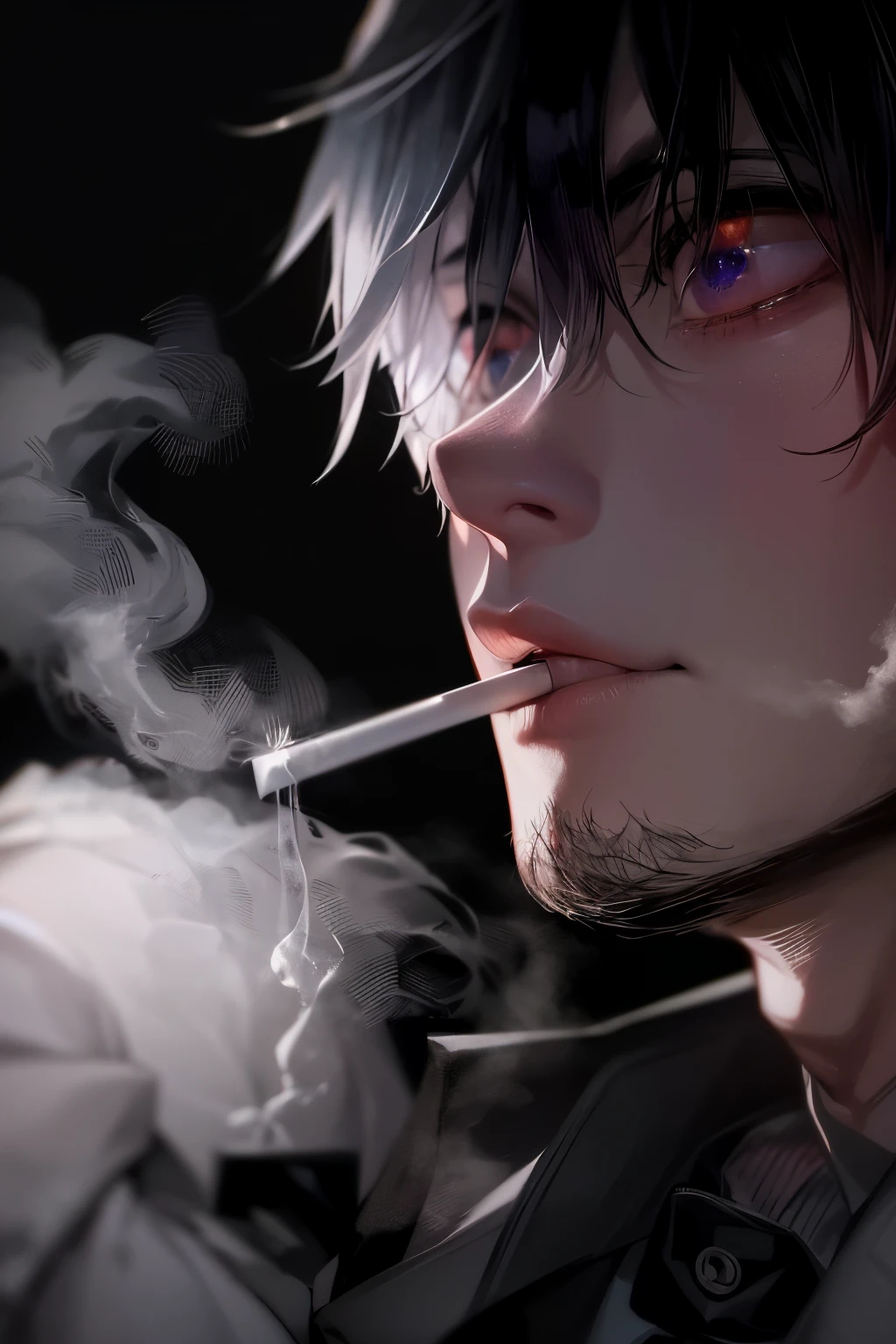 anime, a man smoking a cigarette in a dark room, black and white manga style, he is smoking a cigarette, gendo ikari smoking a joint, by Eizan Kikukawa, dramatic smoking pose, kaneki ken, manga style of kentaro miura, thick smoke around him, by Kentaro Miura, kentaro miura manga art style