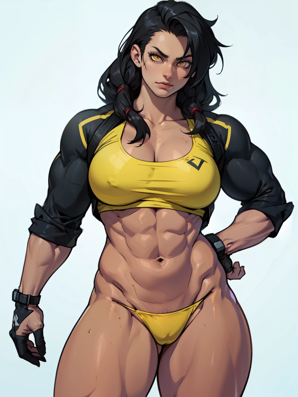 girl solo standing (((muscular girl toned body large breasts thick perfect anatomy))) yellow eyes black hair pale skin best quality