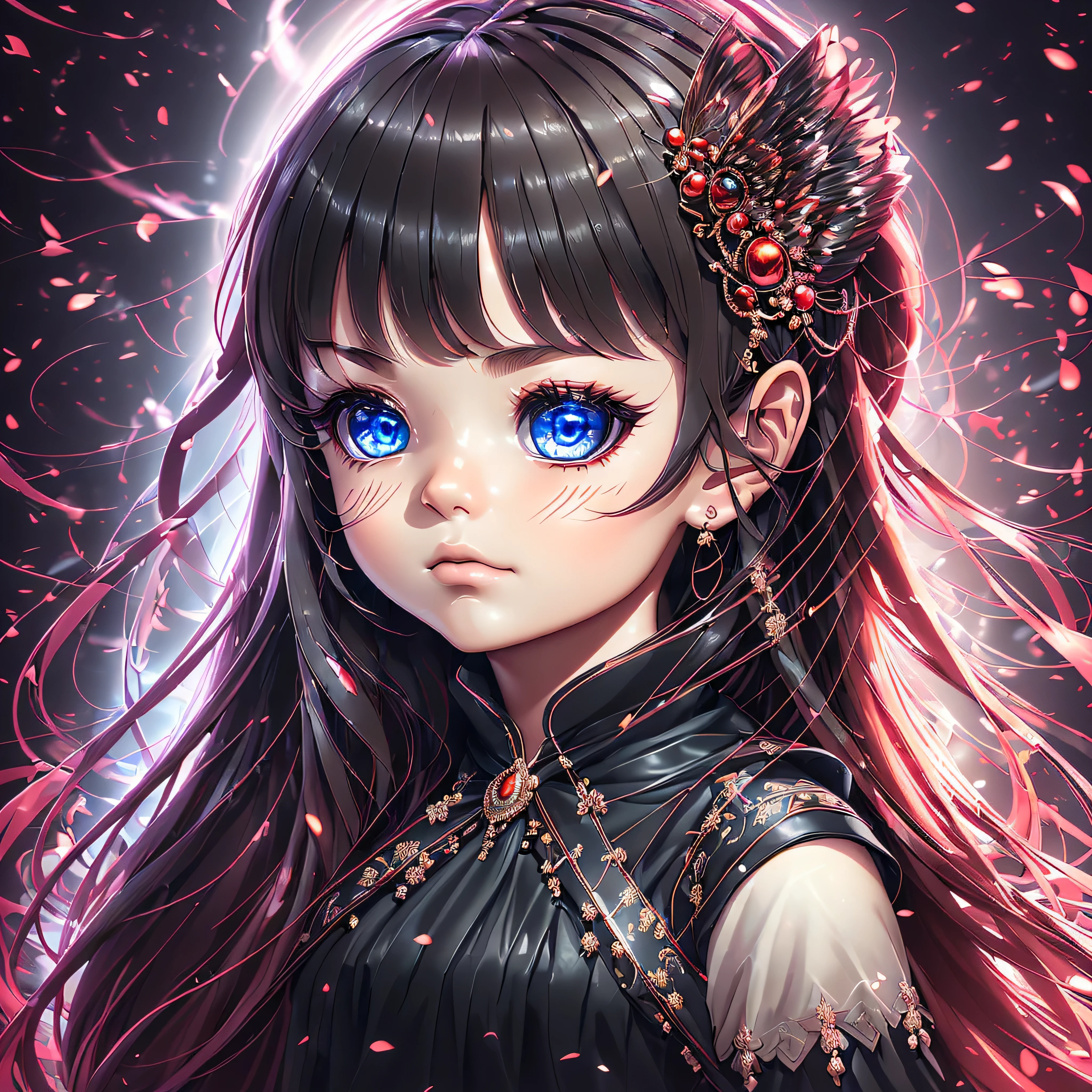 ((独奏)), portraite of a, a closeup of a, Wide angle, foto realista, 真实感, Ultra Quality 16K, Goth girl with baby body, Vampire Princess, ((child face)), Beautiful baby face, bouffant hairstyle with ponytail, black  hair, red strands of hair, Bright eye makeup