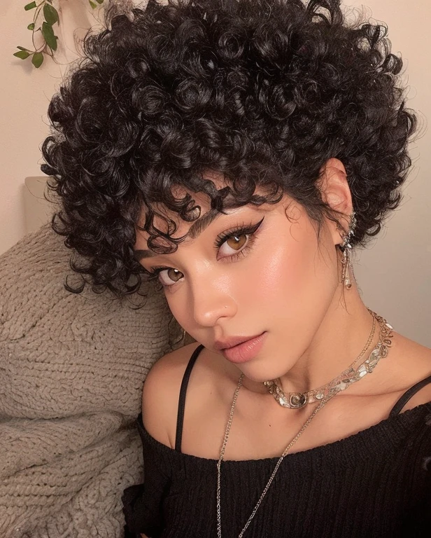 there is a woman with a black top and a necklace on, short cabelo encaracolado preto, franja encaracolado, cabelos cacheados e curtos, dark cabelos curtos e cacheados smiling, cabelos cacheados pixie, afro encaracolado, cabelo encaracolado pixie cortado, cabelos curtos e cacheados, very cabelos curtos e cacheados, cabelos cacheados, cabelo encaracolado preto, (cabelos cacheados escuros e curtos), cabelo preto curto com gel