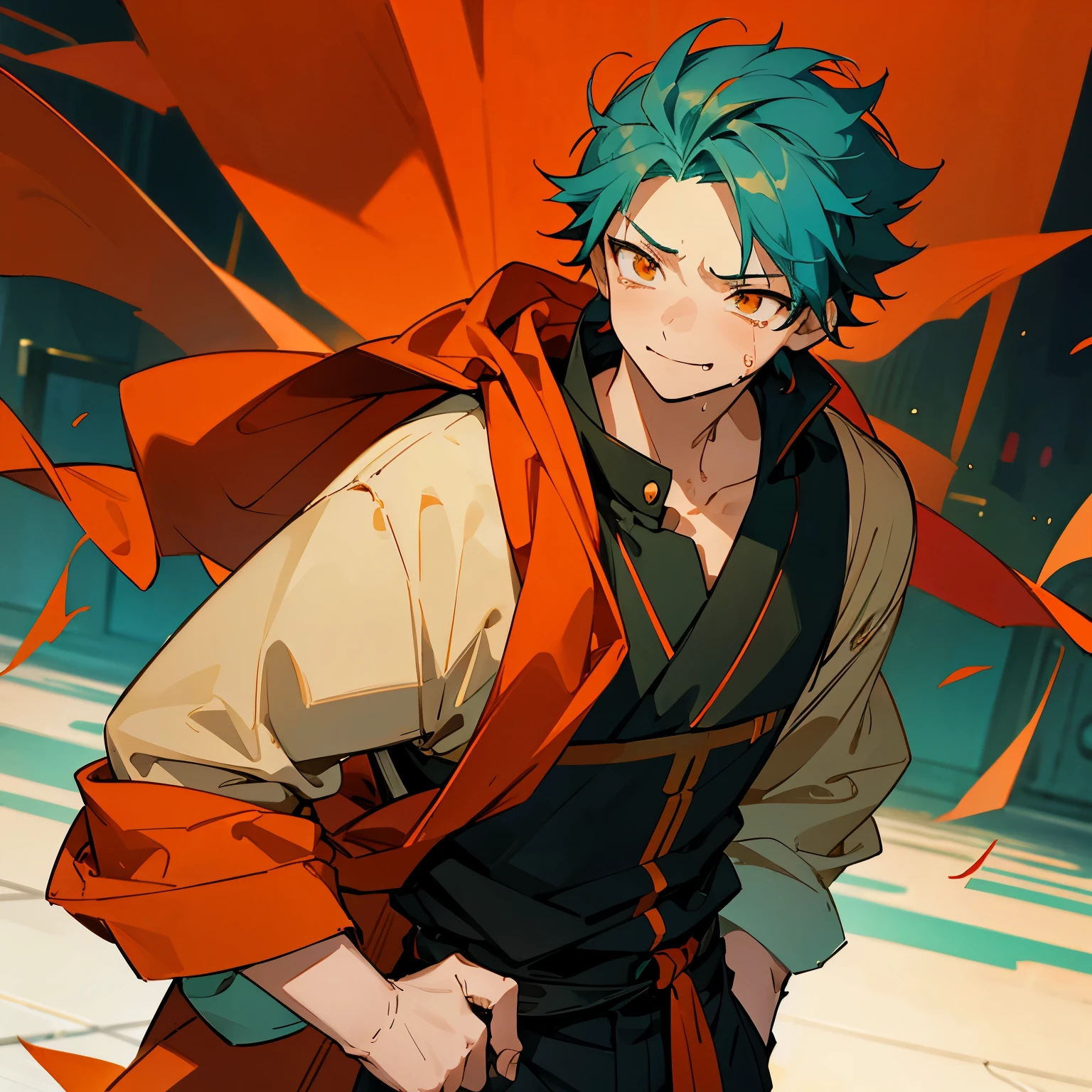 1 boy, Turquoise hair, orange eyes, red cloth, handsome, , orange eye liner, smiling, crying, street background, his hand behind his back