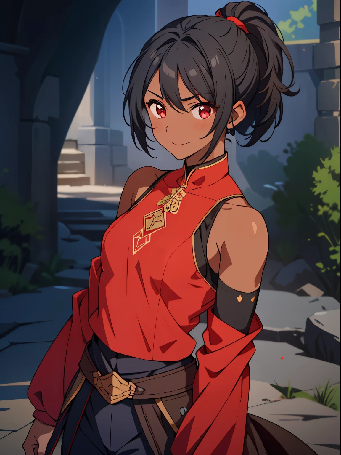 dreamy, (masterpiece), best quality, 1girl, Black short hair, amazing, beautiful detailed eyes, red eyes, fine details, depth of field, extremely detailed CG, ((Black skin)), Medieval pants, Red sleeves, black blouse with red details, small breasts, muscular girl, korra, dark skin, dark-skinned female, ponytail, hair tubes, short hair, perfect anatomy, perfect hands, 1girl, solo,(high detailed skin:1.2), beautiful (skinny:0.8), (black skin:0.2), medieval background , smiling, Stop