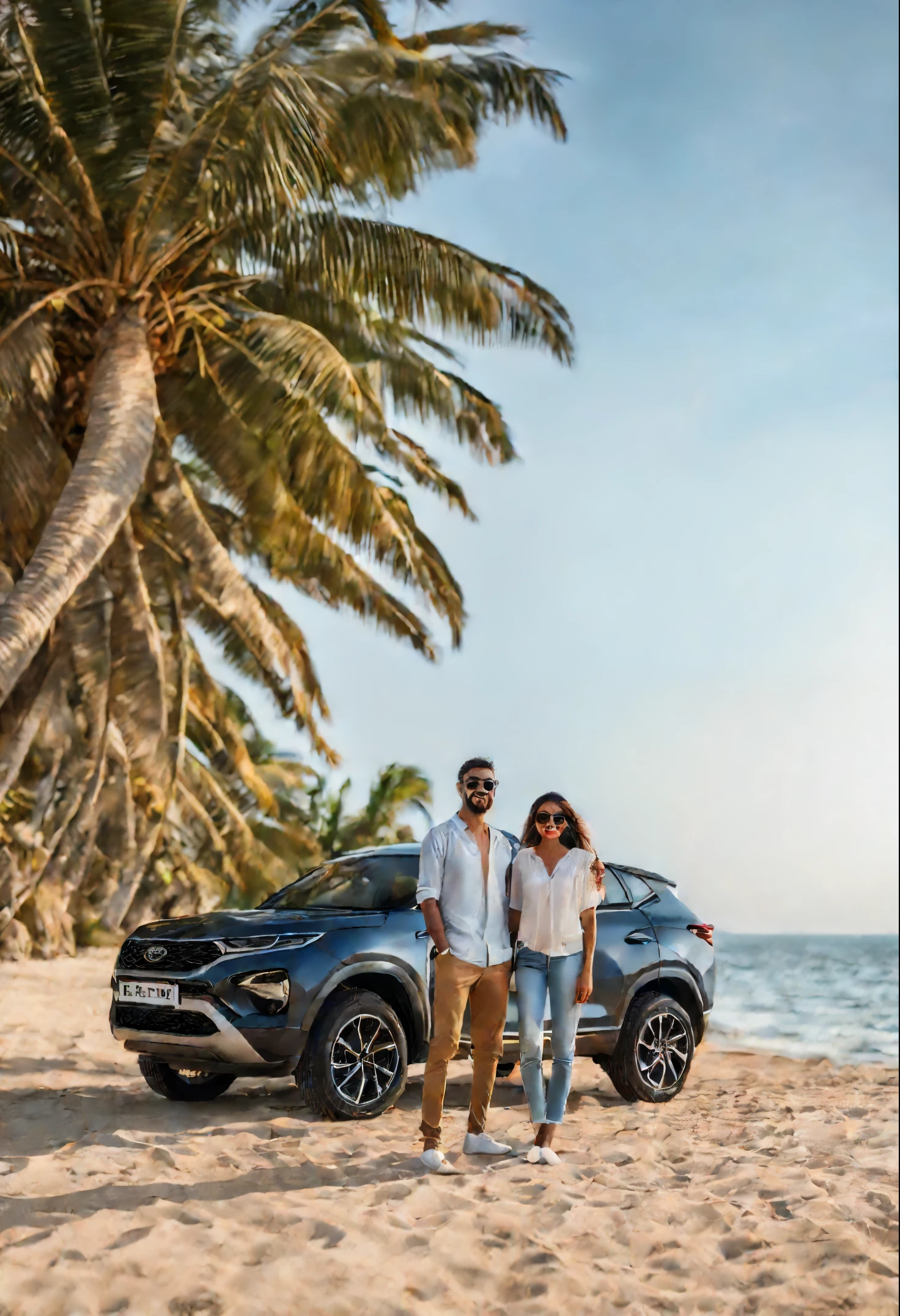 create a lifelike
scene of of a a couple standing proudly
before their black Tata Harrier on a
serene beach. Both wear stylish yet
casual clothing, adorned with
sunglasses. Their smiles radiate joy
as they gaze confidently at the
camera. Behind them stretches a
serene beach, fringed with palm trees
against the backdrop of a crystal-clear
sky.