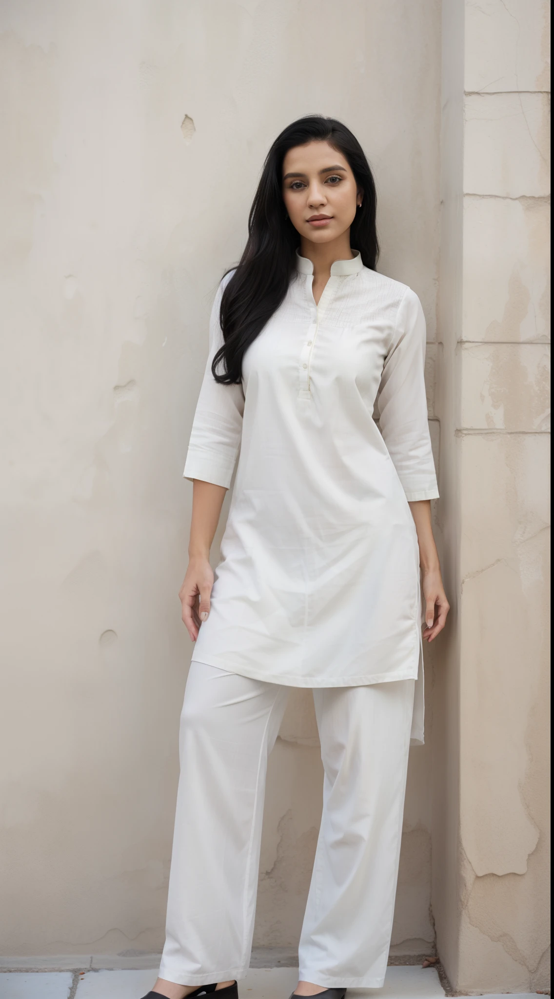 photo of trdi woman, outdoors, realistic skin texture, looking looking at camera, (Pants_kurta:1.2), white stucco background, black hair , ultrarealistic