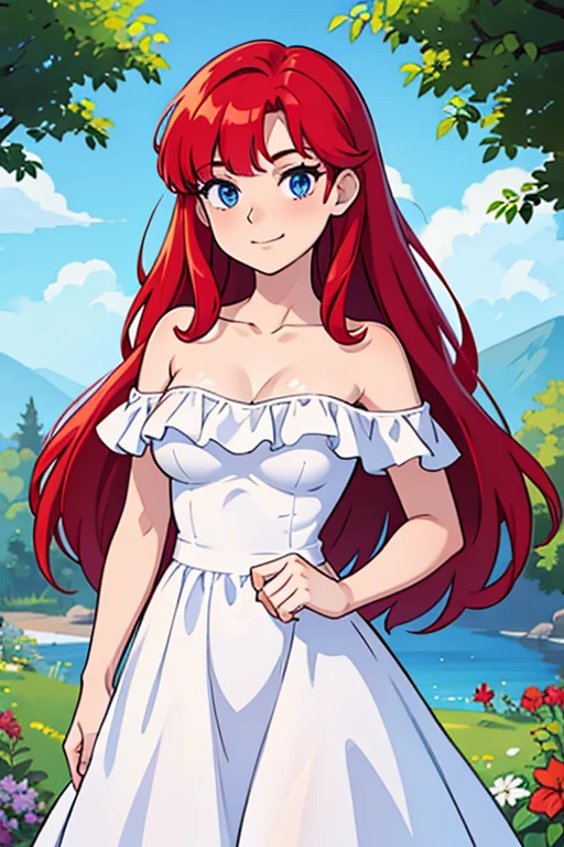 Ariel, long red hair, blue eyes, happy, 1 girl, solo, Bare Neck, Bare Arms, Bare Shoulders, White Dress, Strapless White Dress, Lace Off-shoulder top, Ruffle Off-the-Shoulder Top, Long Skirt, Garden Background,