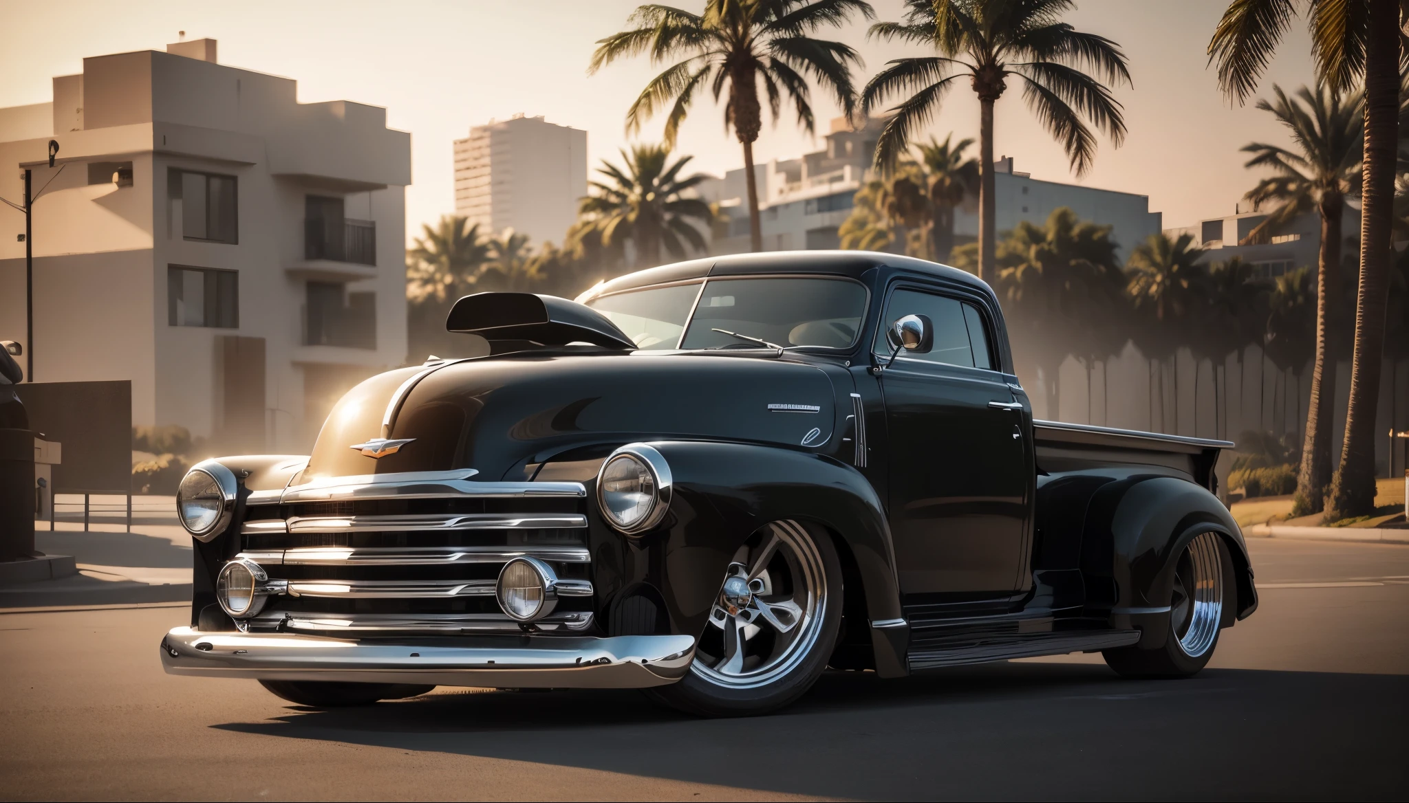 Imponente Pick Up Chevy Preta 55 Show Car, enormes rodas BBS, Ridiculously low posture parked near palm trees and beautiful mansions with balconies in sunny California
