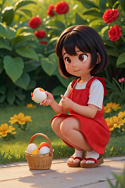 Generate a Pixar-style picture of chubby (1) one year old girl, short straight black hair, brown eyes, nothing on hair, nothing in her hands, combed to the side, knee-right red dress with yellow flowers, with brown flip flops, short red socks, happy and smelling, crouching down, the girl is bending down passing some white eggs delicately from one basket to another. cinematic lightning.