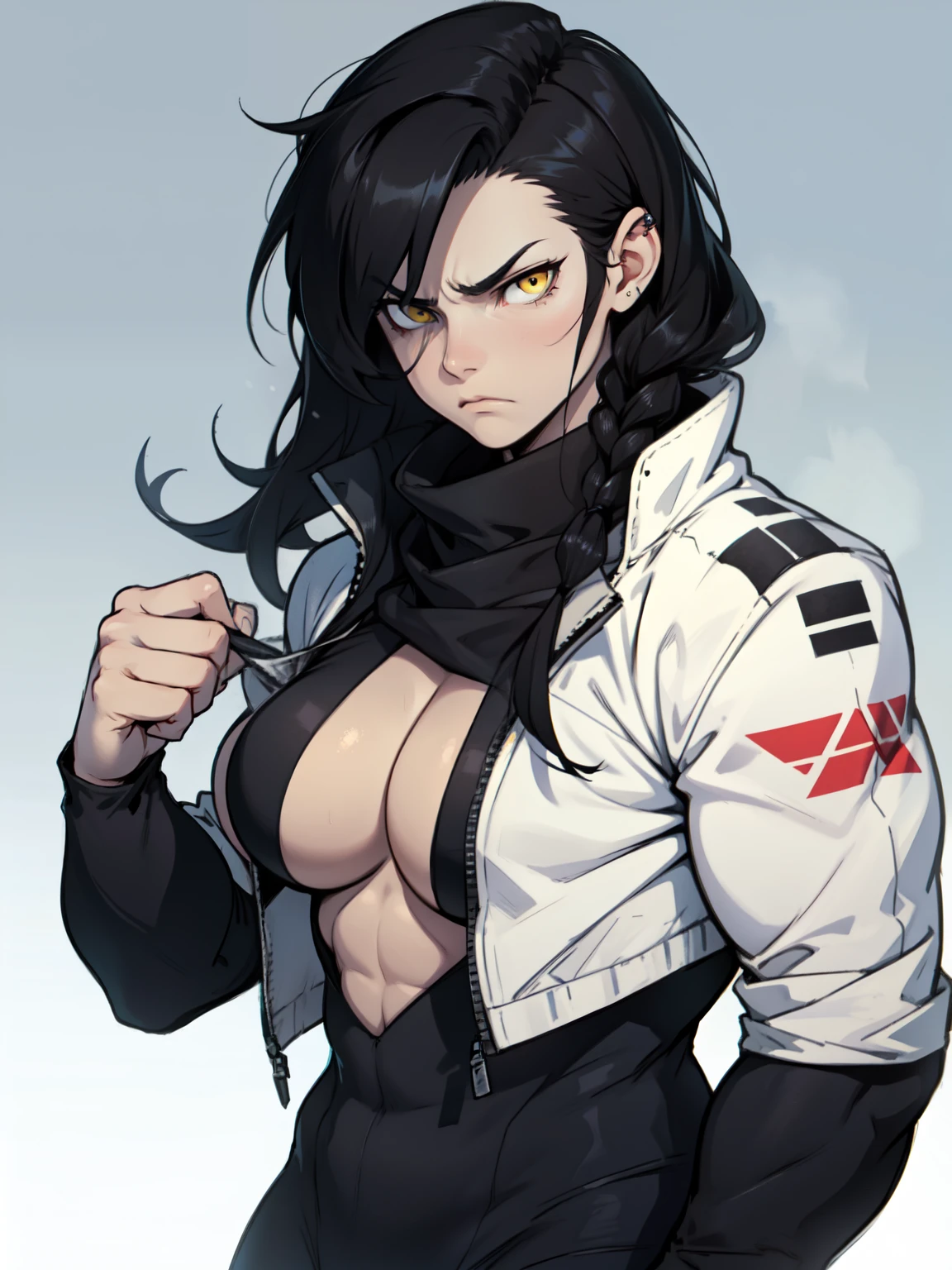 muscular girl thick breasts black hair yellow eyes pale skin best quality sad frown cold