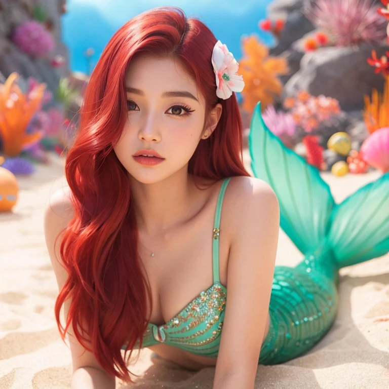 sirena with red hair and a fish tail laying on the sand, beautiful sirena, ariel the little sirena, little sirena, ariana grande as a sirena, sirena, Princesa Ariel, portrait of sirena, ulzzang, 8K Artgerm Bokeh, the little sirena, con el pelo largo y rojo, album art, sirena body, Tendencias en CGVatstation