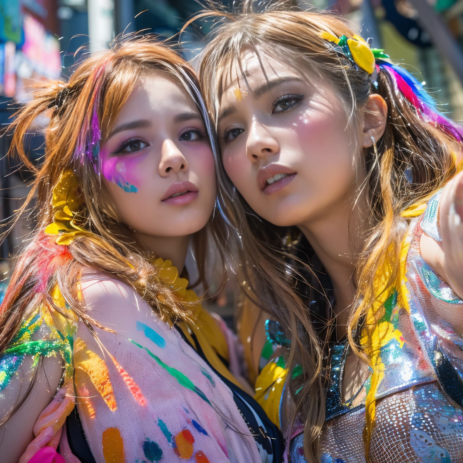 shukezouma, rendering by octane, nffsw, (ultra - detailed:1.15), (Soft light, sharp:1.2), (((duo,Two women in costumes take selfies on the street,colorful pigtail, Anime ,))),Beautiful girl, Hyper Detail Eyes, Mature, Painting drops, paint teardrops, woman made up from paint, entirely paint, Splat, Splash, long colored hair,paint bulb,paint drops, Exposed shoulders, Tears,Shoulders are visible, Thighs exposed, Semi-, focus on face, Beautiful face, eyeshadows, Outline of a dark circle,mascara, Beautiful, 18year old