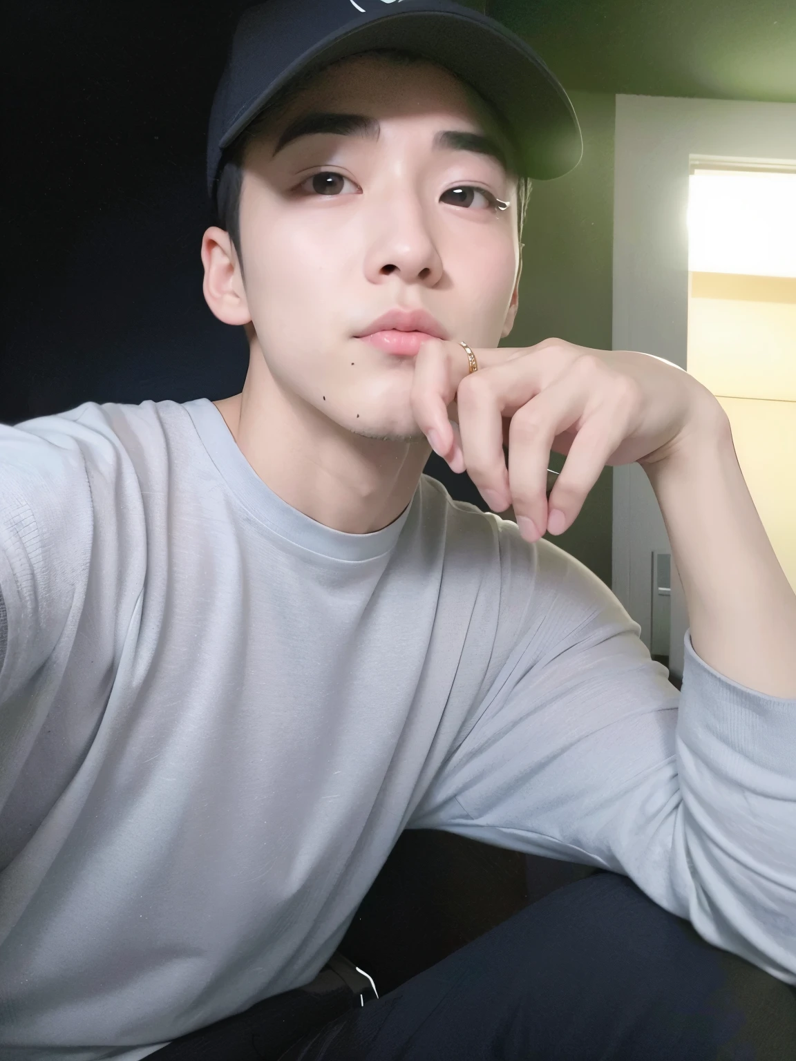there is a man sitting down with his hand on his chin, Jinyoung Canela, Cai Xukun, Hong June Hyung, Jaeyeon Nam, 1 7 - ano - menino rosto magro, Hyung Tae, wan adorable korean face, ele tem cerca de 20 anos, ele tem cerca de 2 0 anos de idade, Kim Doyoung, Ulzzang macho, TaeJune Kim