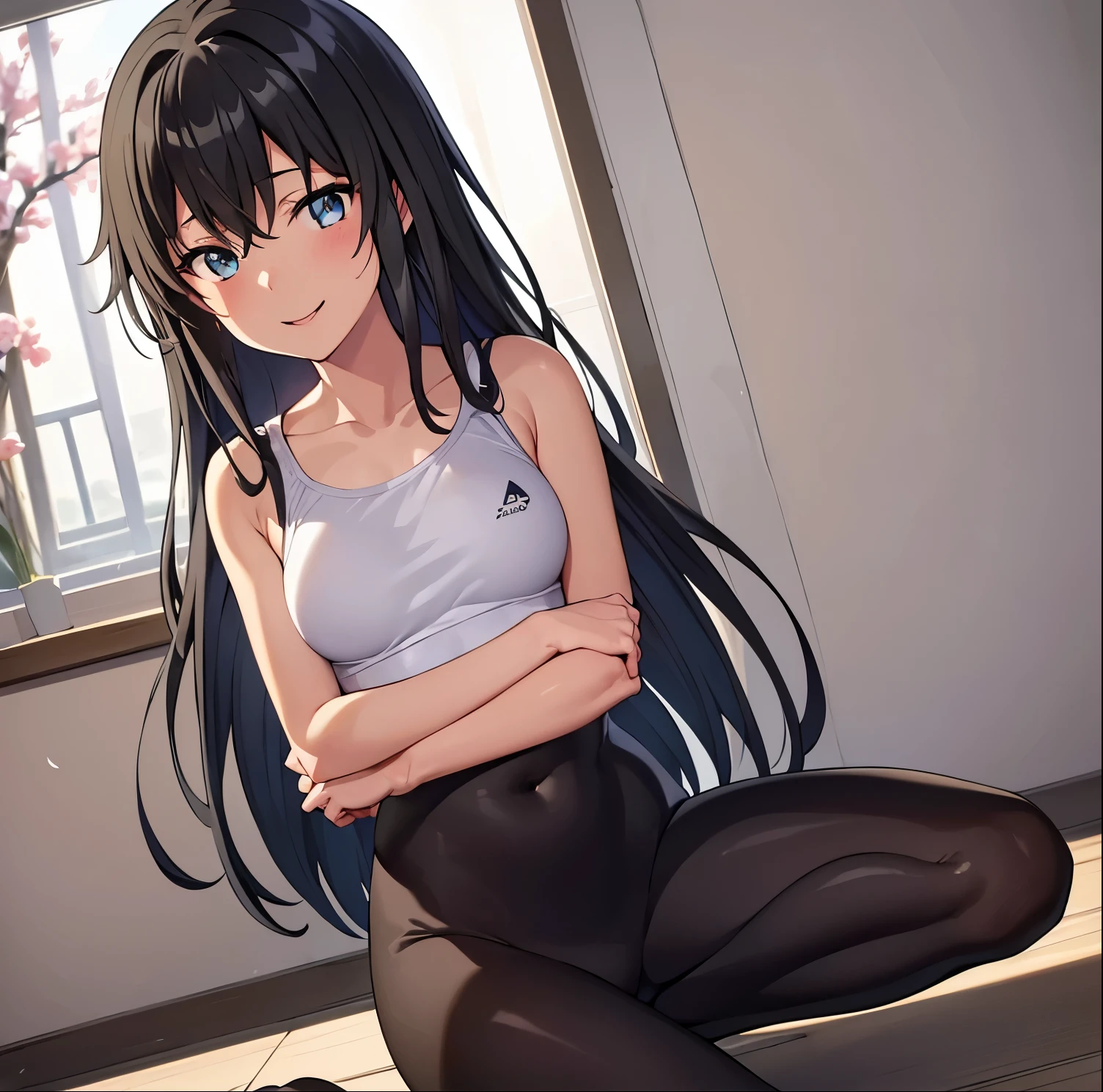 (masterpiece, best quality, detailed), 1girl, alone, yukino yukinoshita, long hair, hair ribbon, looking at viewer,sportswear, sports bra, sweat, tight clothes, yoga pants, cherry blossoms, petals, outdoors, tree, sky, wind,  (breasts squeezed together, v arms), open mouth, smile,small breasts, medium waist, medium hips, wide thighs, good anatomy, good hands