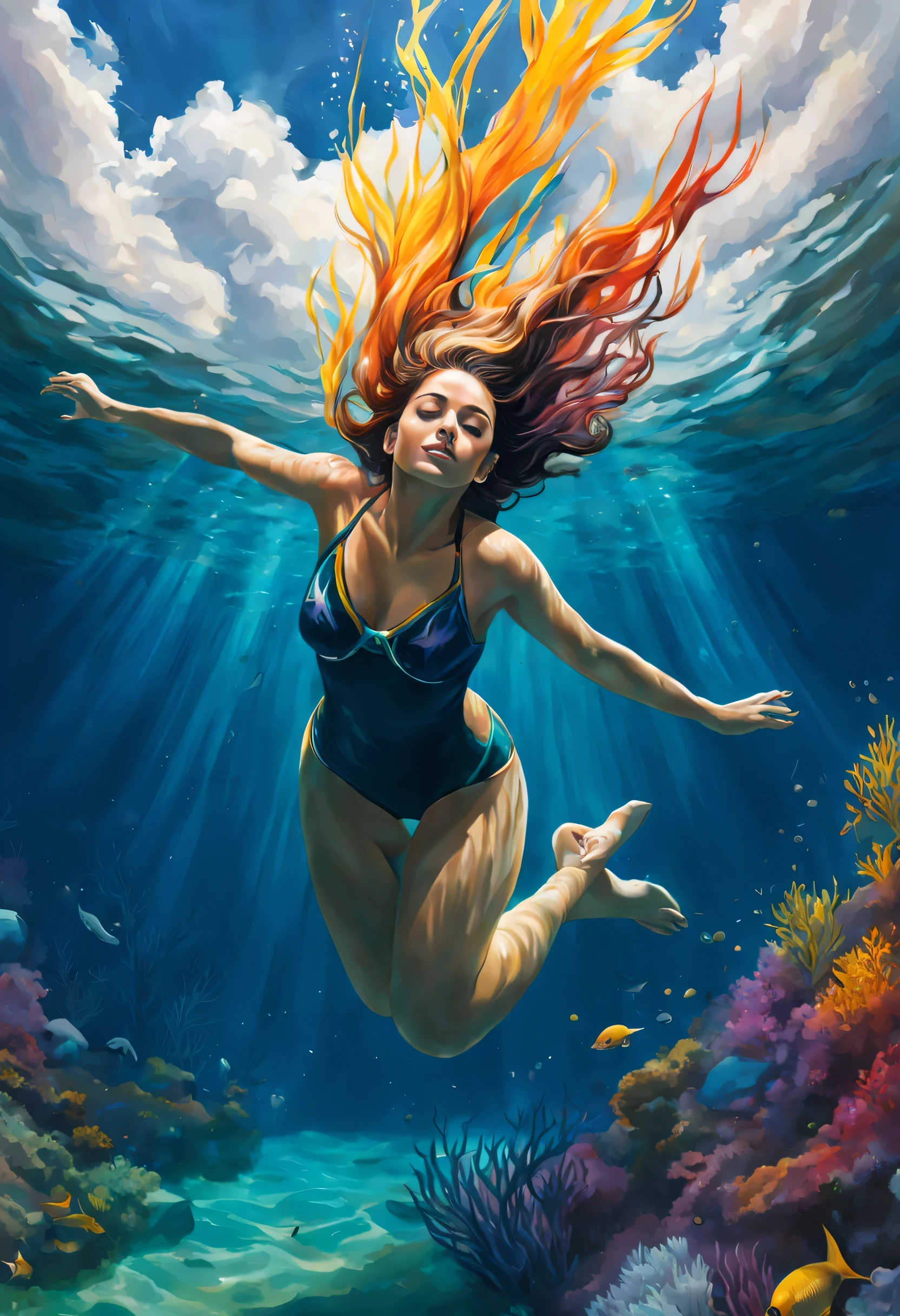 A beautiful woman dives into the water and we see clouds of color all around her underwater. It's detailed and beautiful. Very textured