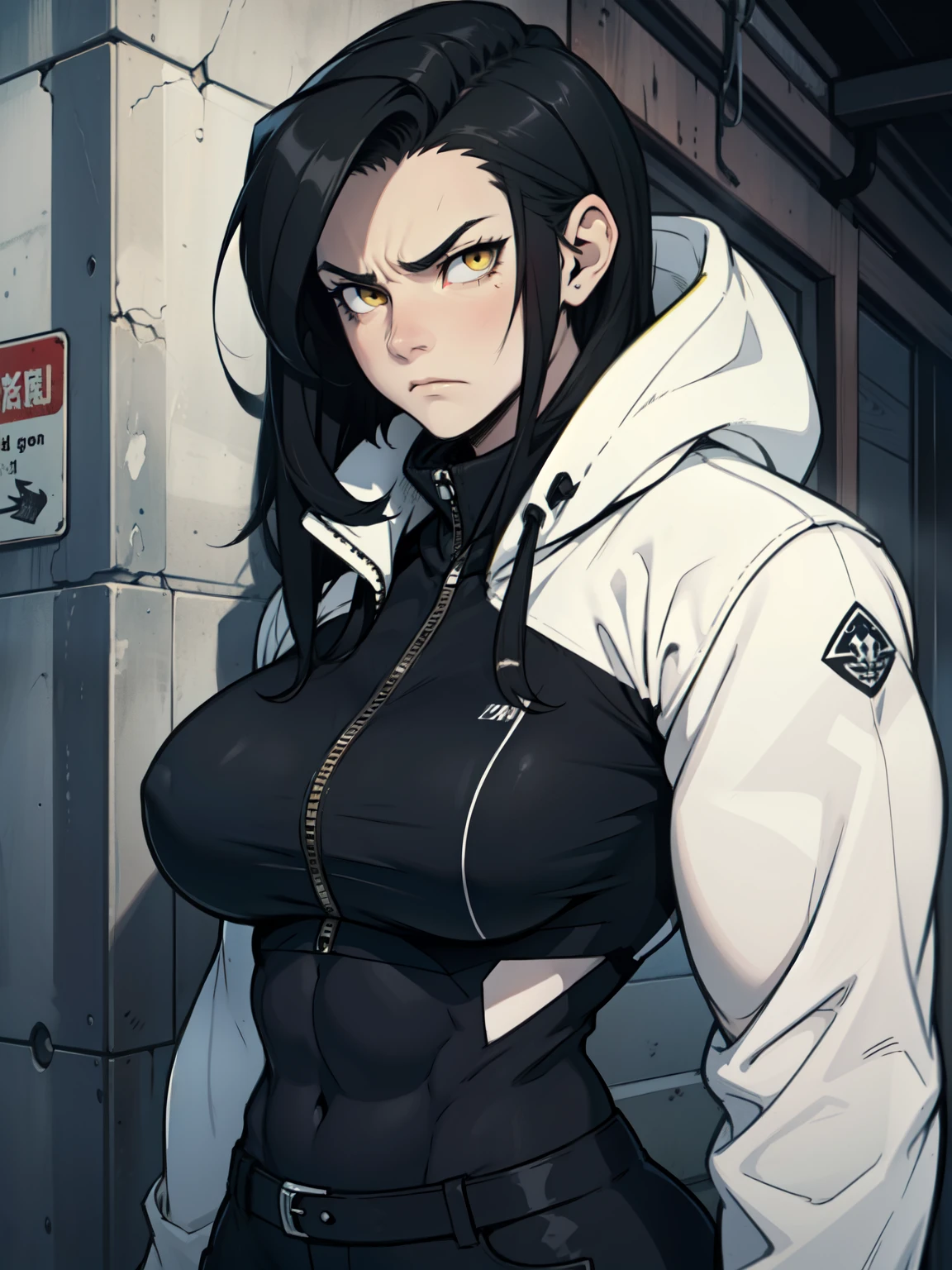 muscular girl thick breasts black hair yellow eyes pale skin best quality sad frown cold muscular girl thick breasts black hair yellow eyes pale skin best quality sad frown cold