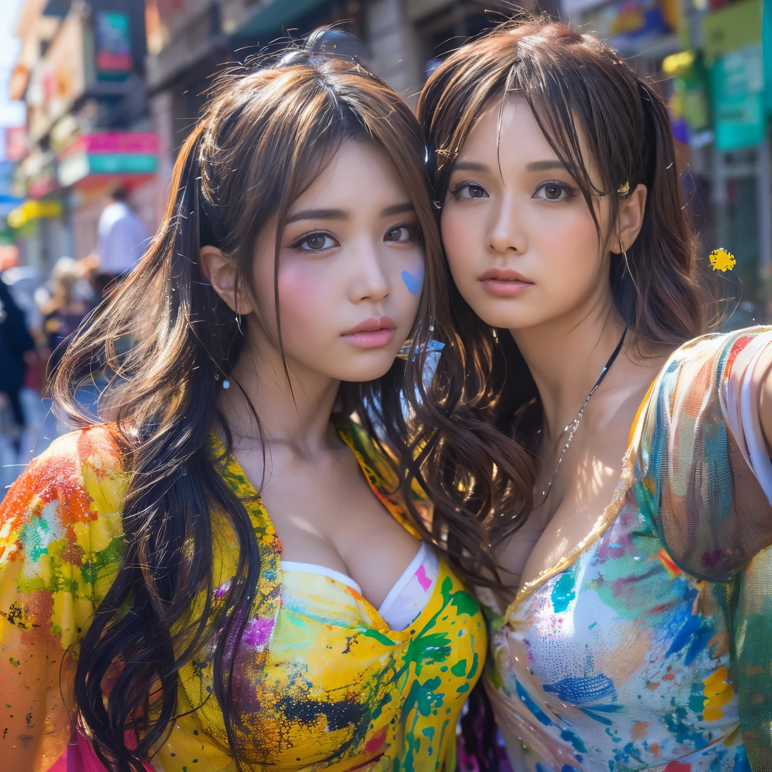 shukezouma, rendering by octane, nffsw, (ultra - detailed:1.15), (Soft light, sharp:1.2), (((duo,Two women in costumes take selfies on the street,colorful pigtail, Anime ,))),Beautiful girl, Hyper Detail Eyes, Mature, Painting drops, paint teardrops, woman made up from paint, entirely paint, Splat, Splash, long colored hair,paint bulb,paint drops, Exposed shoulders, Tears,Shoulders are visible, Thighs exposed, Semi-, focus on face, Beautiful face, eyeshadows, Outline of a dark circle,mascara, Beautiful, 18year old