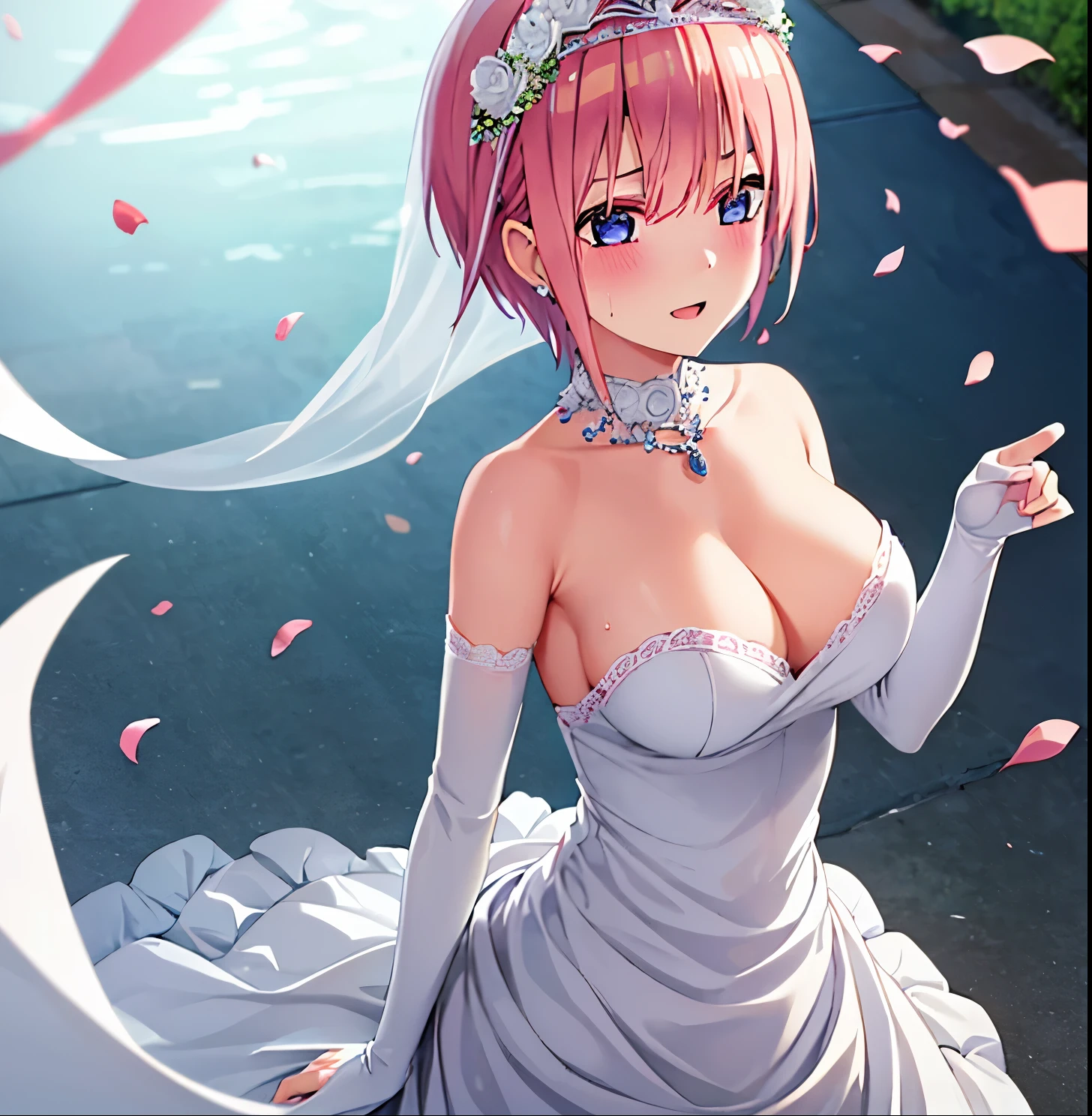 1girl, alone, ichika nakano, Masterpiece, Best quality, High Resolutions, short hair, salmon pink hair, earrings in ears, tiara, Wedding veil, necklace, neckline, wedding dress, Strapless dress, white dress, White gloves, elbow gloves, garden, smile, open mouth, tear, upper body, confetti, holding bouquet, bouquet, good hands, good anatomy, large breasts, medium waist, medium hips, wide thighs, cleavage, good lighting , church, embarrassed, seductive