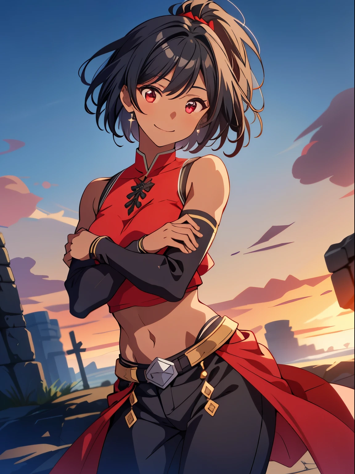 dreamy, (masterpiece), best quality, 1girl, Black short hair, amazing, beautiful detailed eyes, red eyes, fine details, depth of field, extremely detailed CG, ((Black skin)), Medieval pants, Red sleeves, black blouse with red details, small breasts, muscular girl, korra, dark skin, dark-skinned female, ponytail, hair tubes, short hair, perfect anatomy, perfect hands, 1girl, solo,(high detailed skin:1.2), beautiful (skinny:0.8), (black skin:0.2), medieval background , smiling, Stop