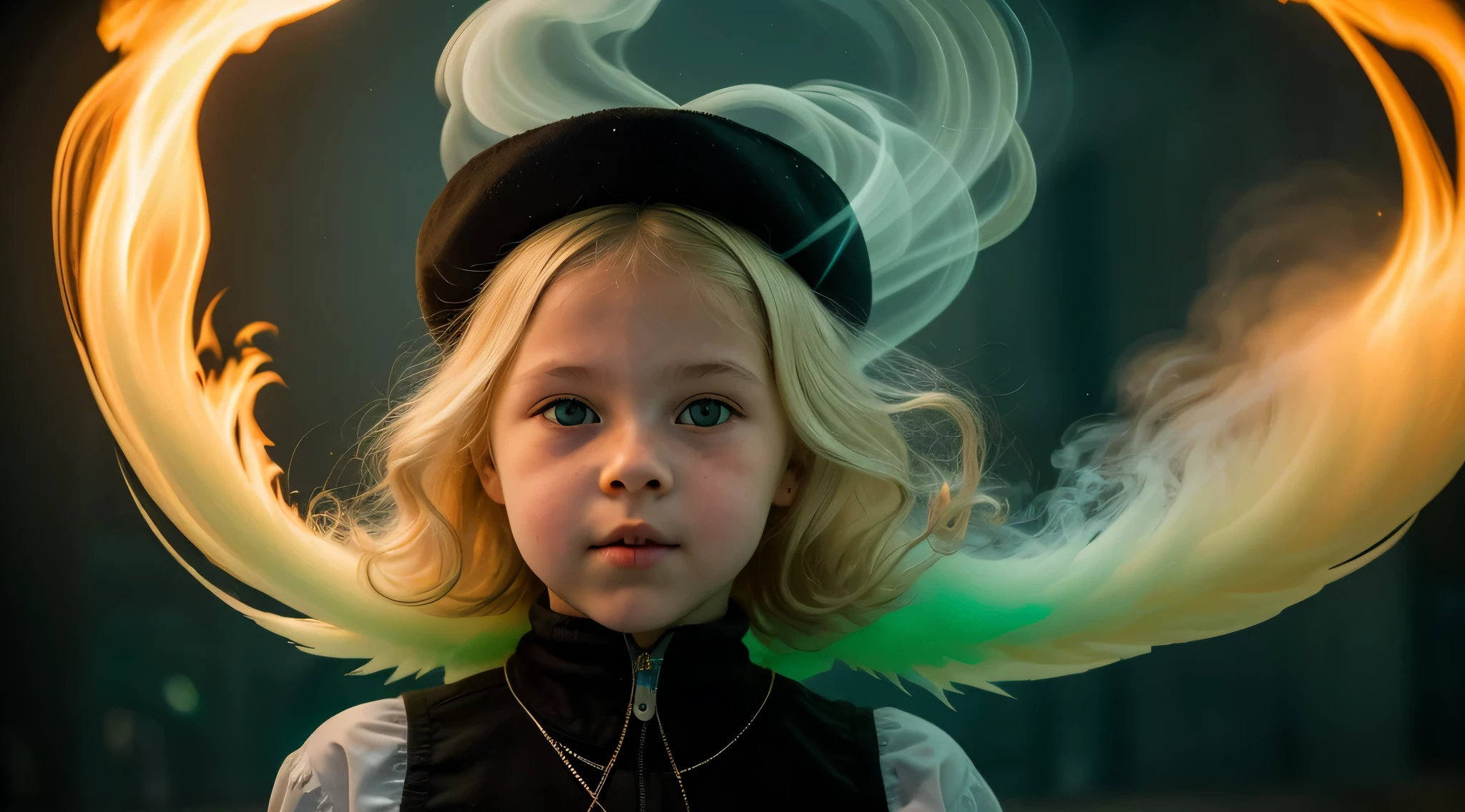 Menina loira de 10 anos, Russian BLONDE , fechar para cima, retrato, com longos cabelos loiros, em um CISNE NEGRO, The flames are burning in a circle shape, a, NUCLEAR QUIMICAL NUCLEAR, green smoke, SMOKE GREEN SMOKE.