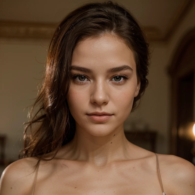 Breathtaking cinematic photo of a 25 year old girl with cheveux rouges foncés and yeux bruns, content, expression joyeuse, bouche fermée, beau lips, Détails complexees, faible profondeur de champ, Très détaillé