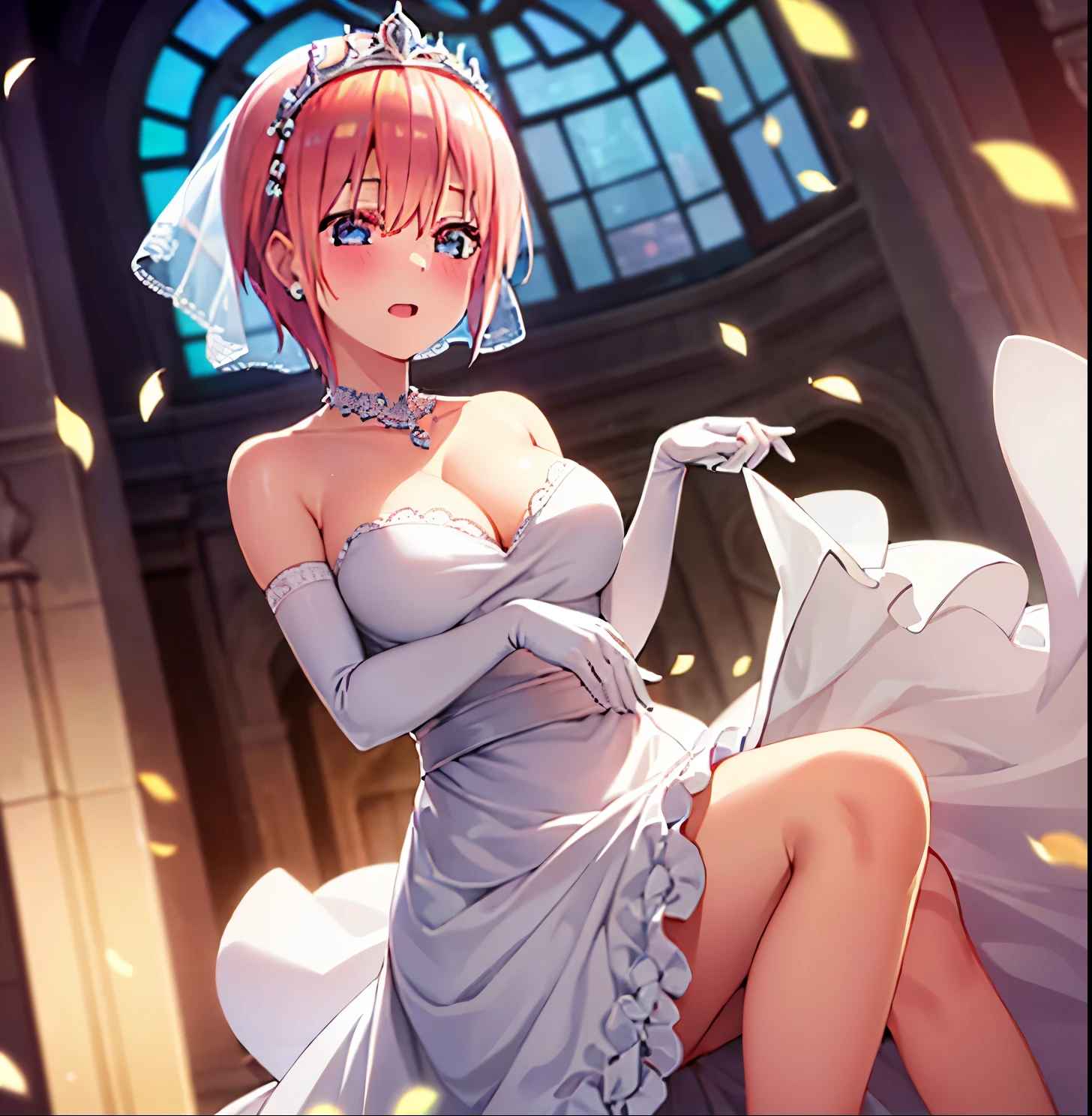 1girl, alone, ichika nakano, Masterpiece, Best quality, High Resolutions, short hair, salmon pink hair, earrings in ears, tiara, Wedding veil, necklace, neckline, wedding dress, Strapless dress, white dress, White gloves, elbow gloves, garden, smile, open mouth, tear, upper body, confetti, holding bouquet, bouquet, good hands, good anatomy, large breasts, medium waist, medium hips, wide thighs, cleavage, good lighting , church, embarrassed, seductive